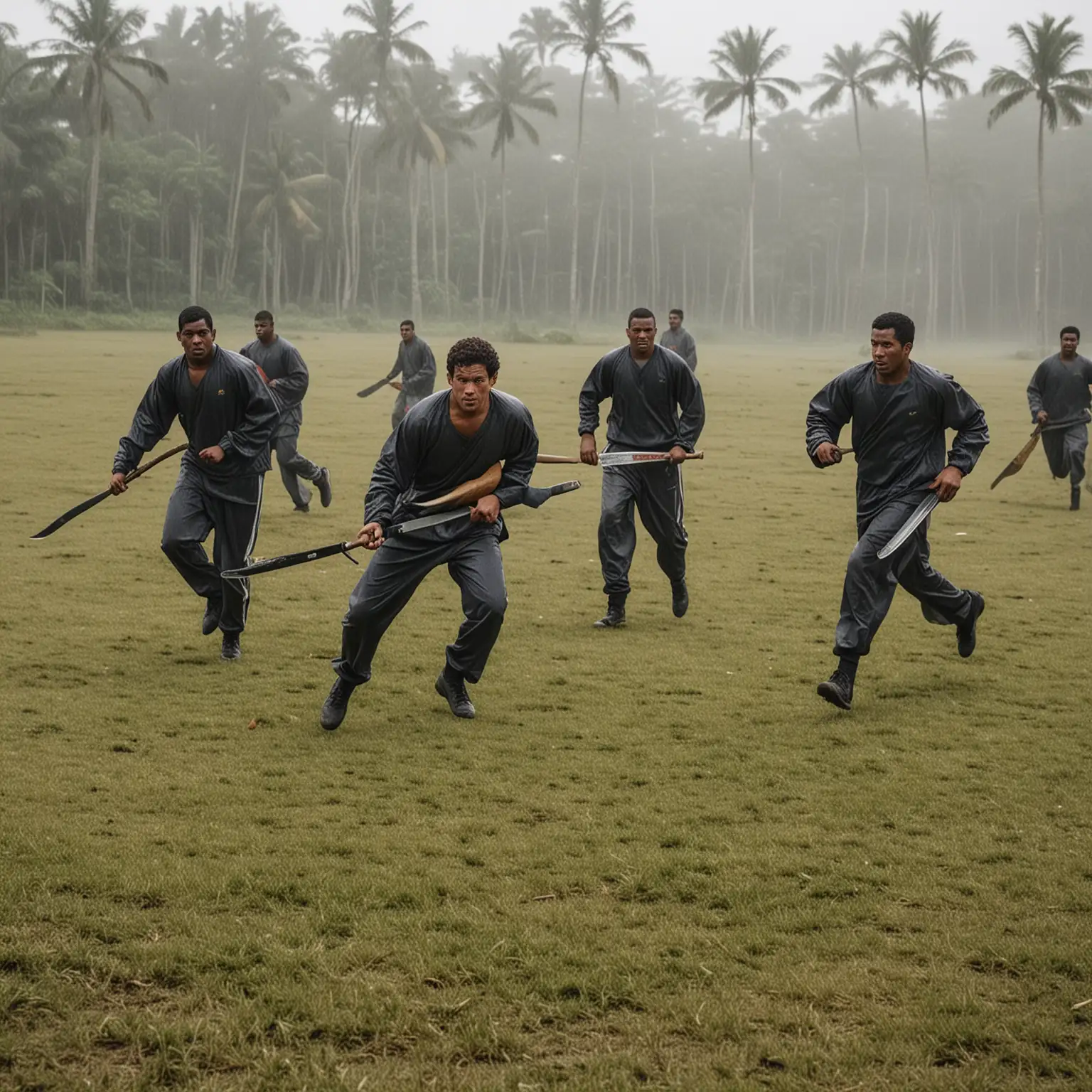 Dans un environnement de terrain de foot tropical glauque. 
6 hommes en jogging avec des machettes à la main courses une autre personne 