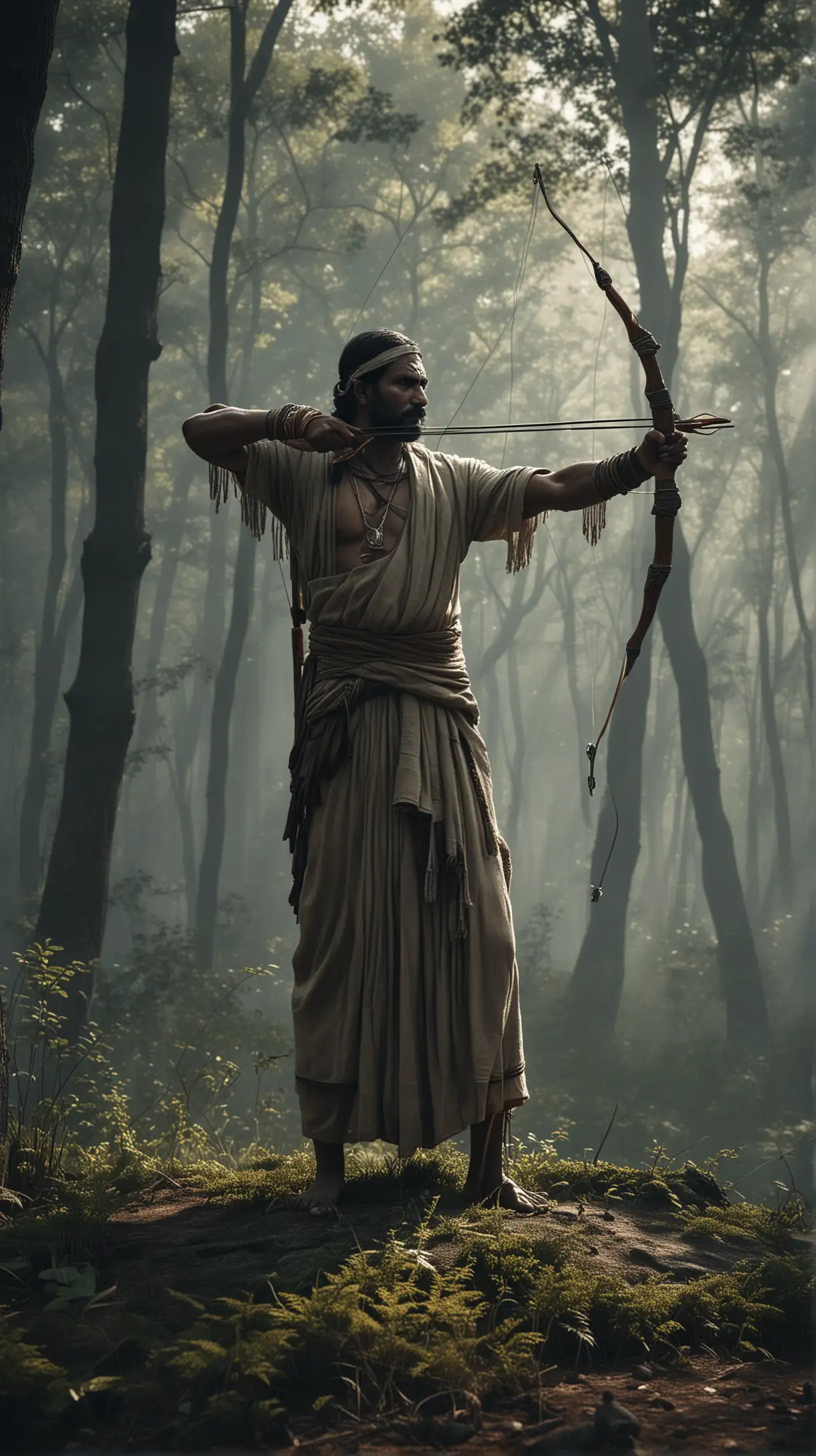 An ancient indian muscular sage, draped in simple robes,surrounded by his disciples, is teaching archery to his disciples in a forest. Highly realistic. Create mildly dark and mildly colourful atmospheric images inspired by noir video games. Use with Vision XL for best results.