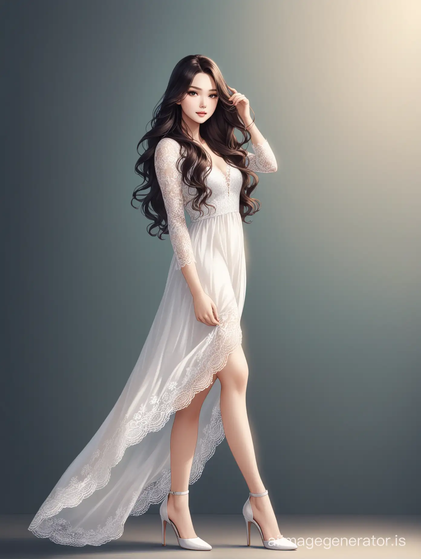 beautiful woman, dark long wavy and loose hair, wearing a lace white dress, in high-heeled shoes