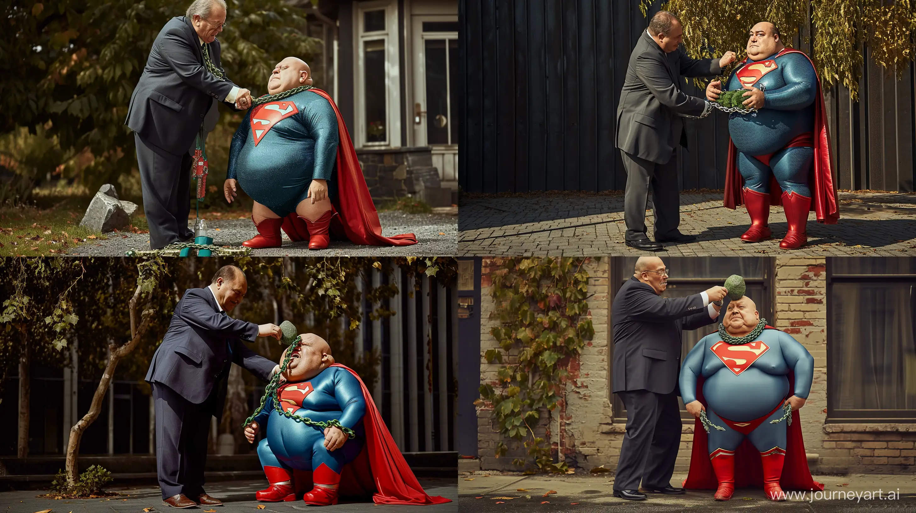 Photo of two characters together outside. There is a chubby man aged 70 on the right dressed in a slightly shiny blue superman costume with a big red cape, red boots, and red trunks kneeling. There is an obese man in a suit standing above him and putting a heavy shiny green chain collar with a small green rock on the man on the right. --style raw --ar 16:9 --v 6