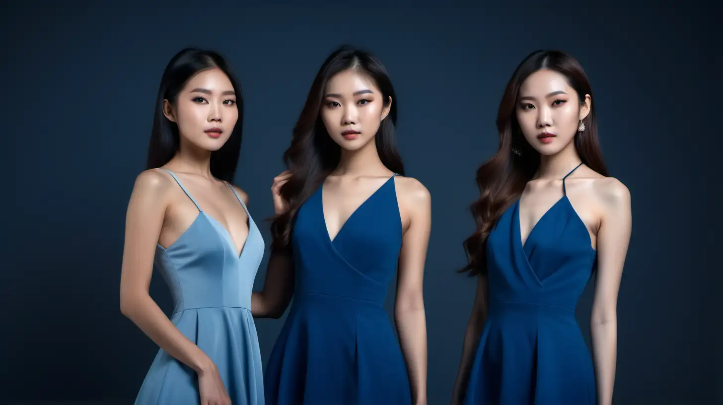 3位亞洲漂亮的白皮肤、長髮女生模特，站在一起，蓝色高贵礼服，优雅有氛围的背景，超真实照片，4k超高清, 正面