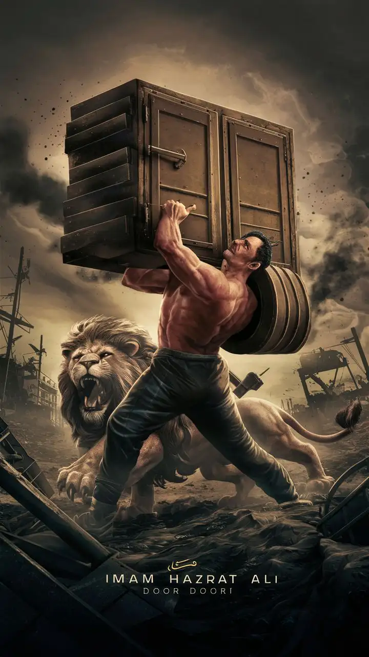 Imam hazrat ali lifting the door weight 900kg in a battlefield in an agressive mood with lion on the background 