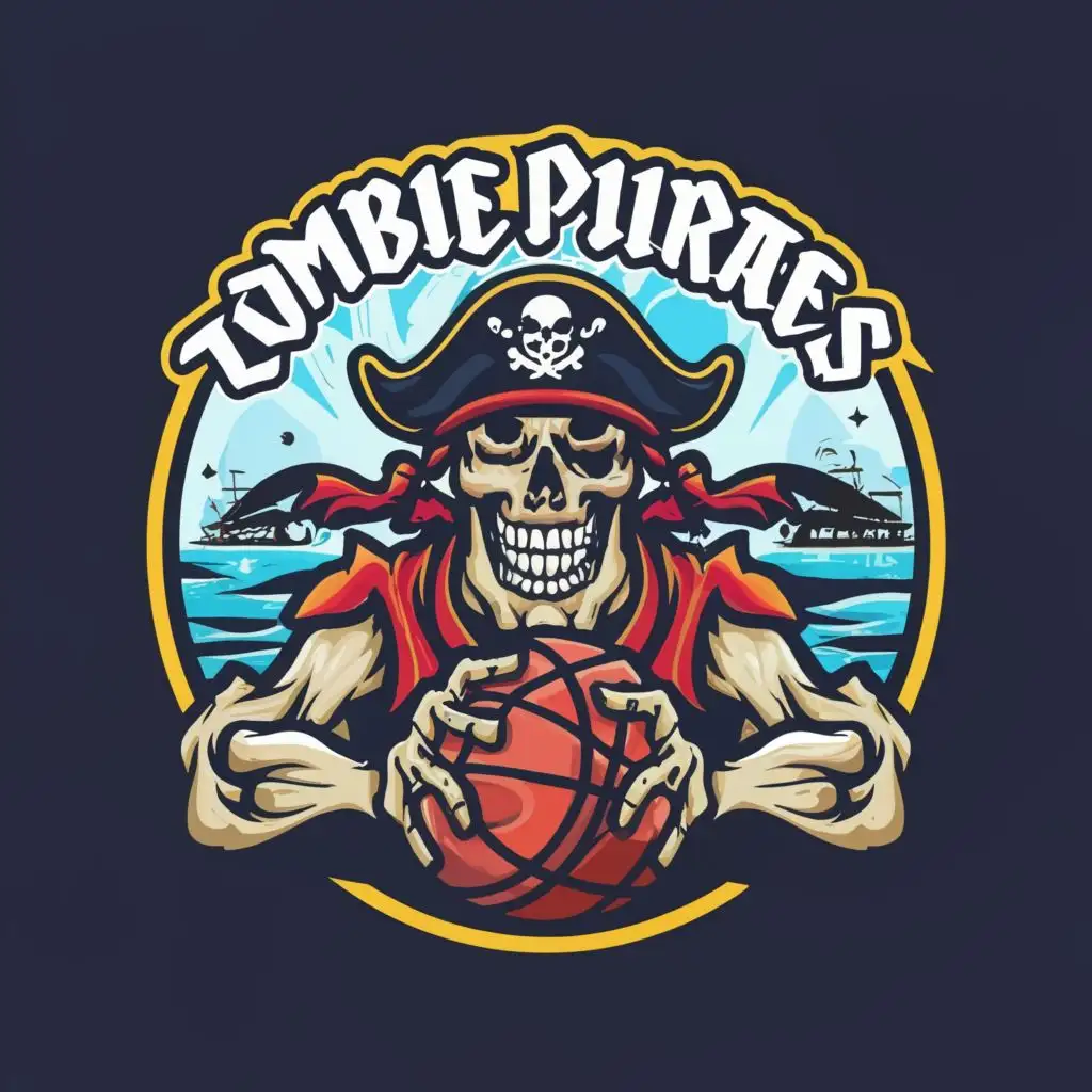a logo design,with the text "Zombie Pirates", main symbol:modify this existing logo: https://piratesbc.com/wp-content/uploads/2015/04/Pirates-logo.png with the main character now a zombie pirate with a basketball,Moderate,be used in Sports Fitness industry,clear background
