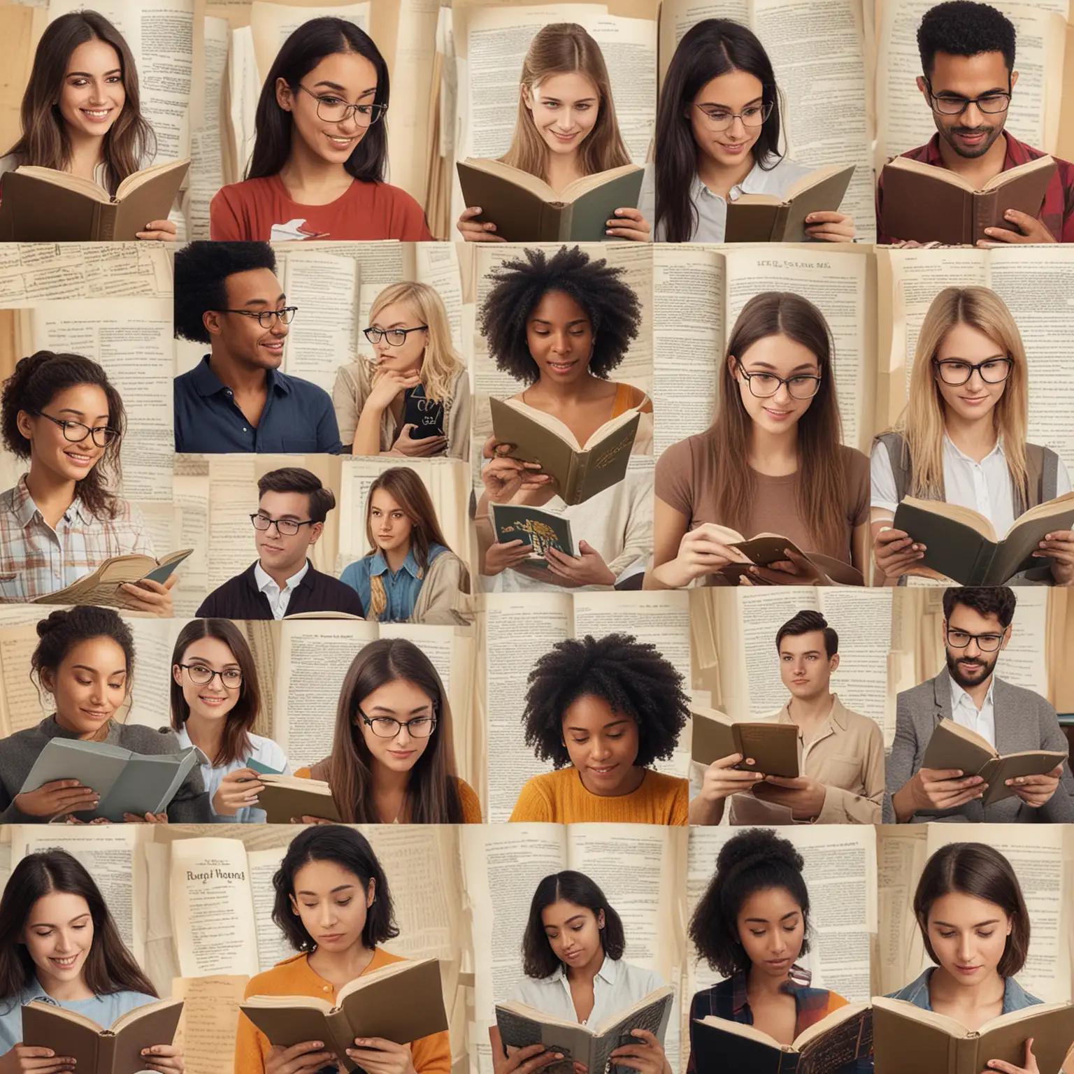 create a collage of people with various nationalities reading books