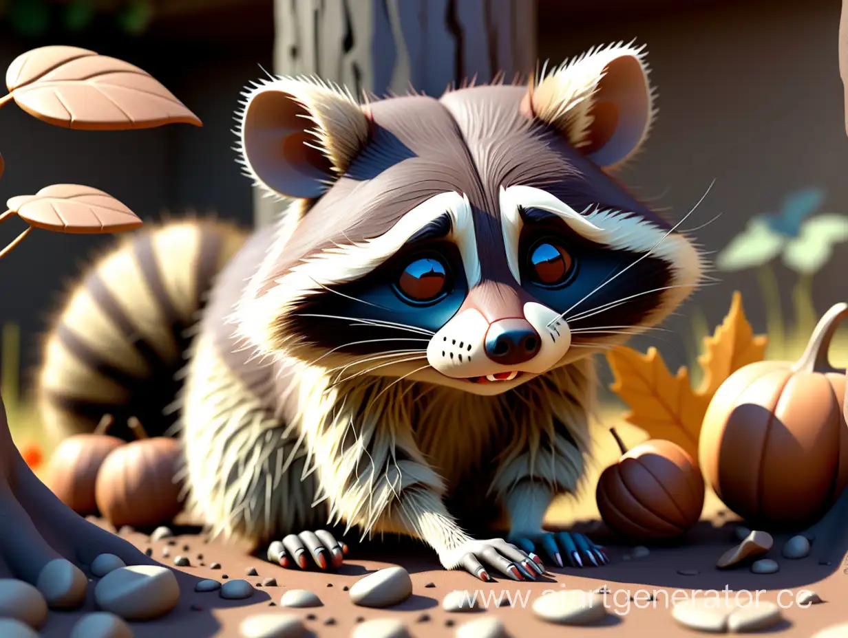 Sad-Raccoon-by-Burrow-with-Autumn-Shadows-and-Chirping-Mouse