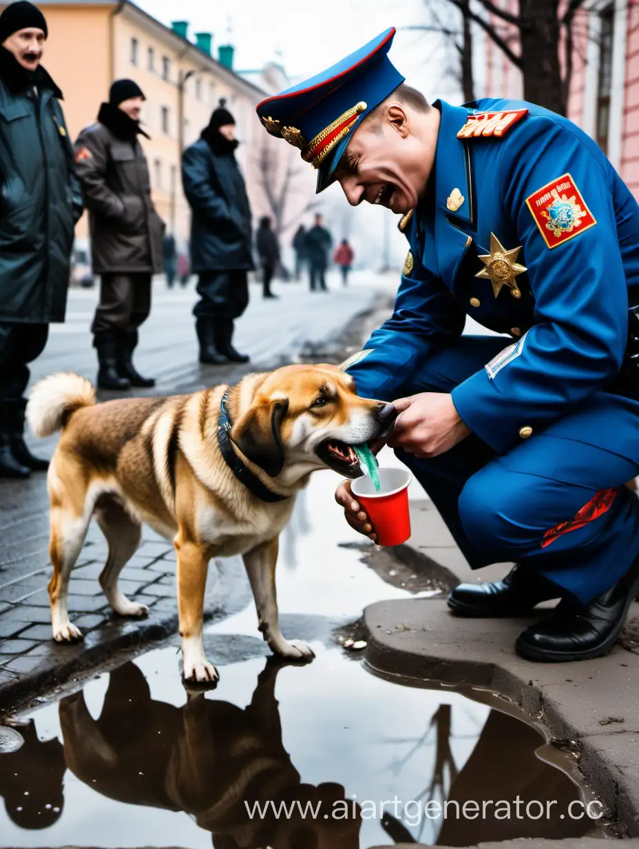 Русский полицейский пьёт из лужи, на него смотрит собака и смеётся, вокруг разбросанны таблетки лсд.