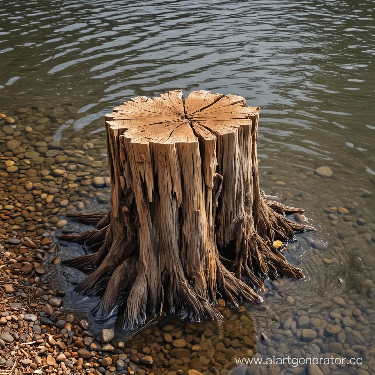 Tranquil-River-Scene-with-Weathered-Stump