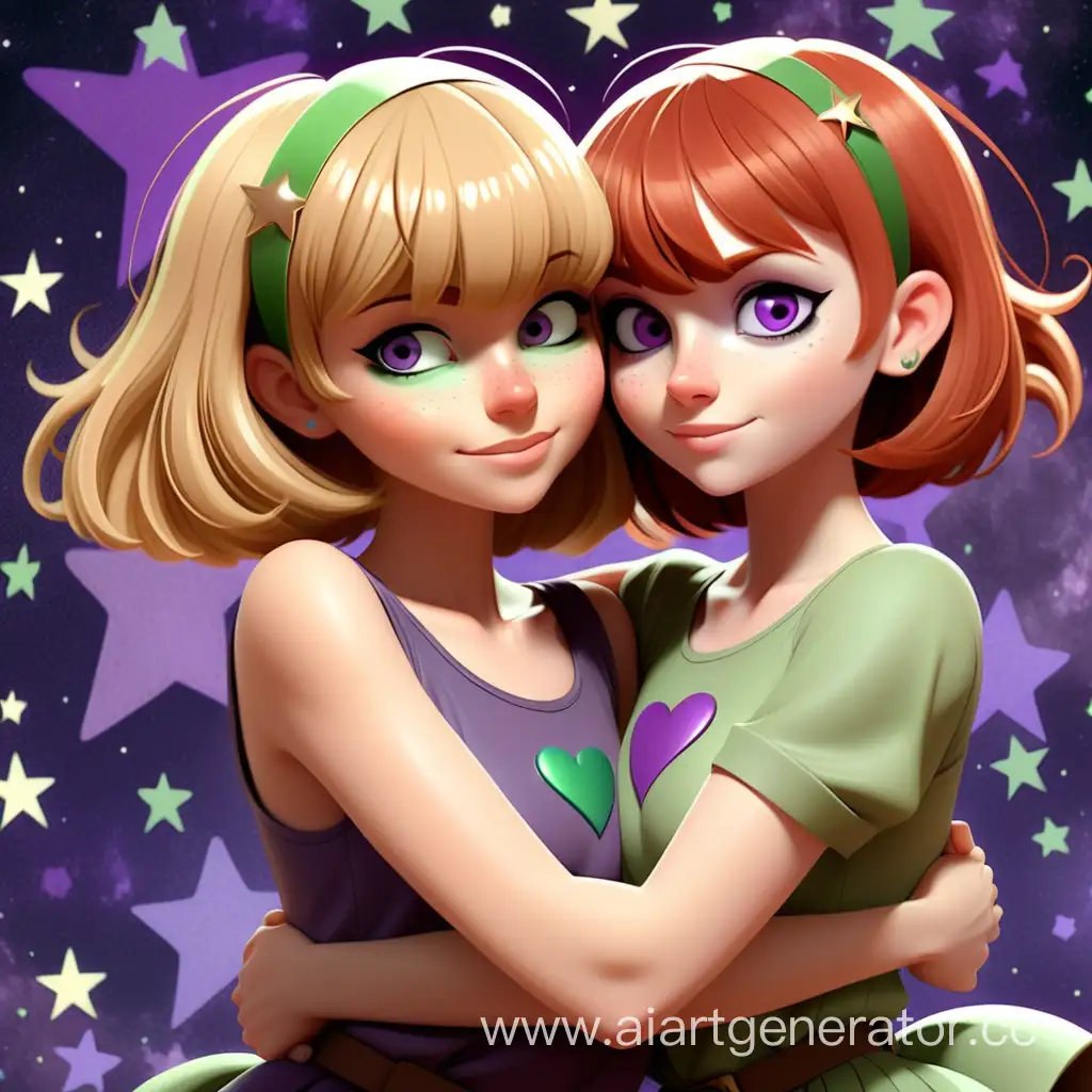 Blonde-and-Redhead-Girls-Embracing-in-a-Colorful-Starry-Affectionate-Moment