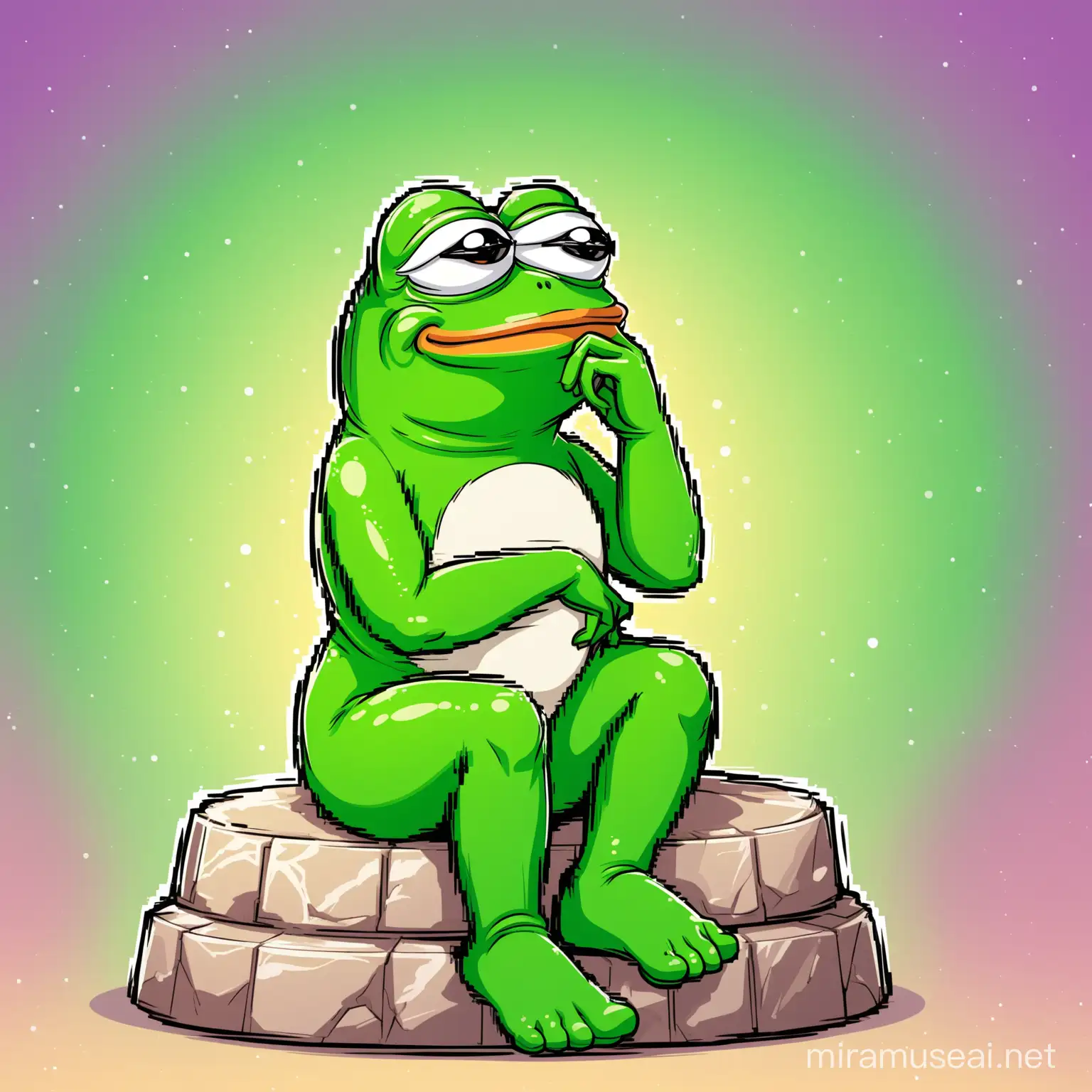 Pepe Frog crypto cartoon showing Pepe in a cute pose of the thinker statue