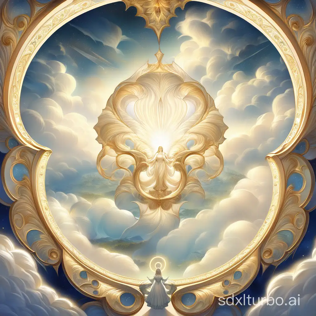 Renaissance masterpiece, an ultra-detailed depiction of a perfect face with a halo, viewed from above as the subject looks heaven-bound, in a serene, halation-lit heaven filled with floating clouds, a tranquil and celestial atmosphere demands awe-inspired silence, Illustration, executed in the exquisite style of the Renaissance period.