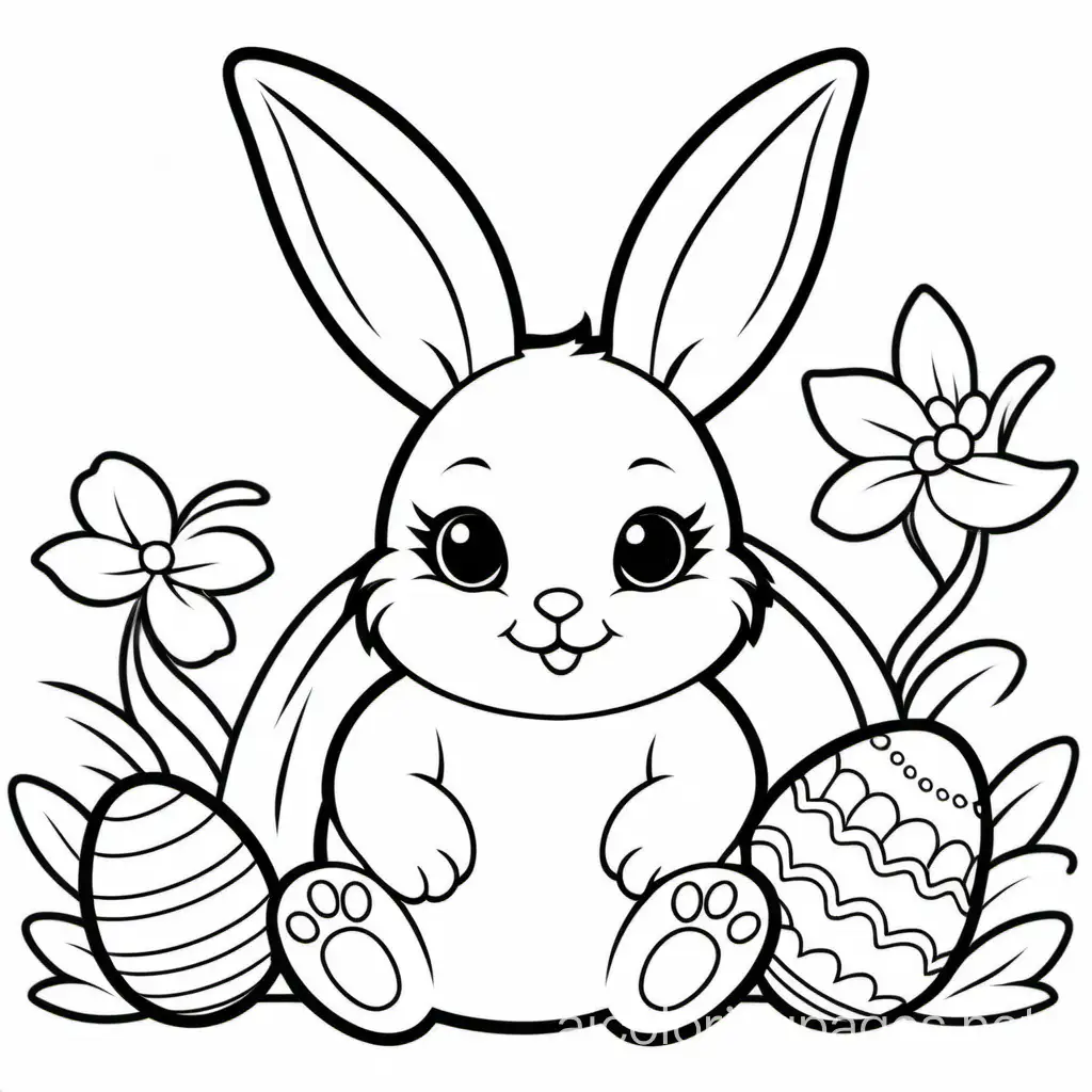 Easter baby bunny for kid, Coloring Page, black and white, line art, white background, Simplicity, Ample White Space. The background of the coloring page is plain white to make it easy for young children to color within the lines. The outlines of all the subjects are easy to distinguish, making it simple for kids to color without too much difficulty