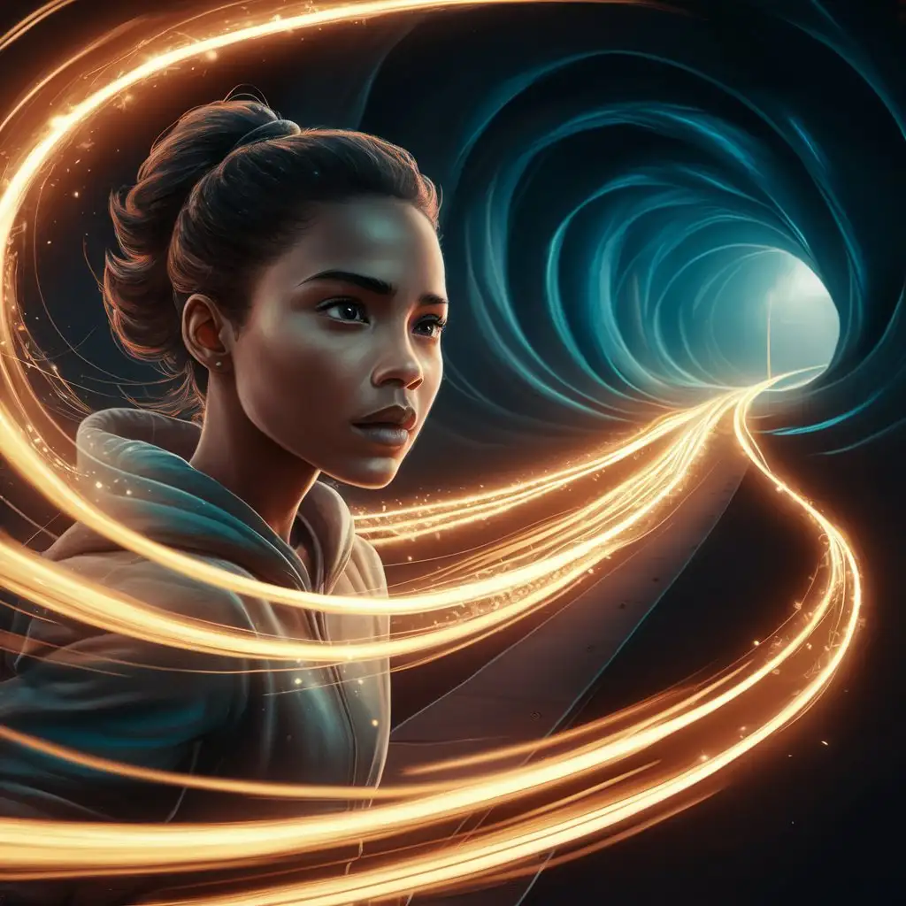 digital painting of a beautiful woman with a determined expression on her face, chasing after a trail of glowing lights that lead towards a distant horizon. She is surrounded by a shimmering aura of hope and determination, her eyes fixed on the elusive path ahead. The scene conveys a sense of longing for mentorship and support, as the girl bravely ventures into the unknown in search of guidance and inspiration. The swirling lights symbolize the unforeseen challenges and opportunities that lie ahead, beckoning her towards a brighter future filled with possibility.