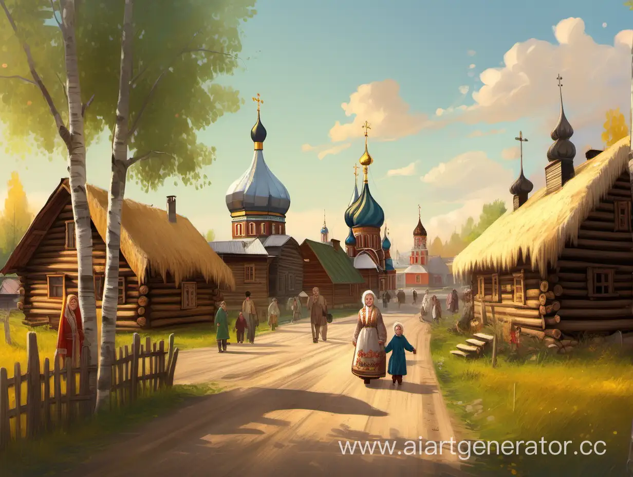 Traditional-Russian-Slavic-Village-with-Wooden-Huts-and-Carved-Church