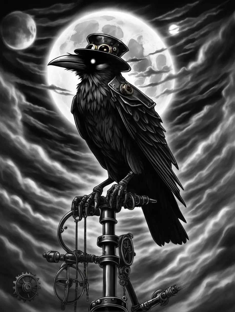 steampunk raven plague doctor. looking up , Full moon overhead , dark clouds in background. Result in greyscale.