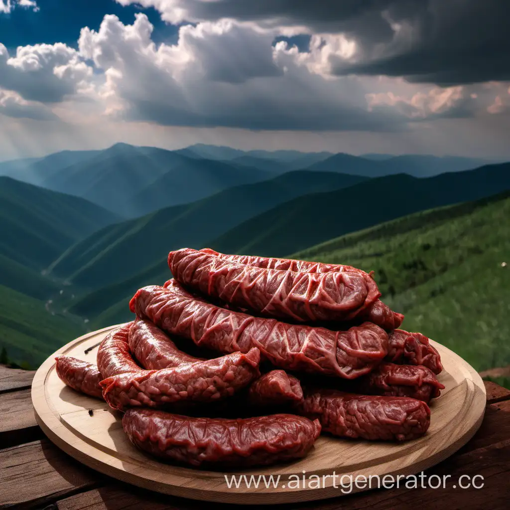 Сушеное горное дагестанское мясо на фоне гор и облаков, очень важно ,чтобы мясо выглядело сушеным и колбаса тоже