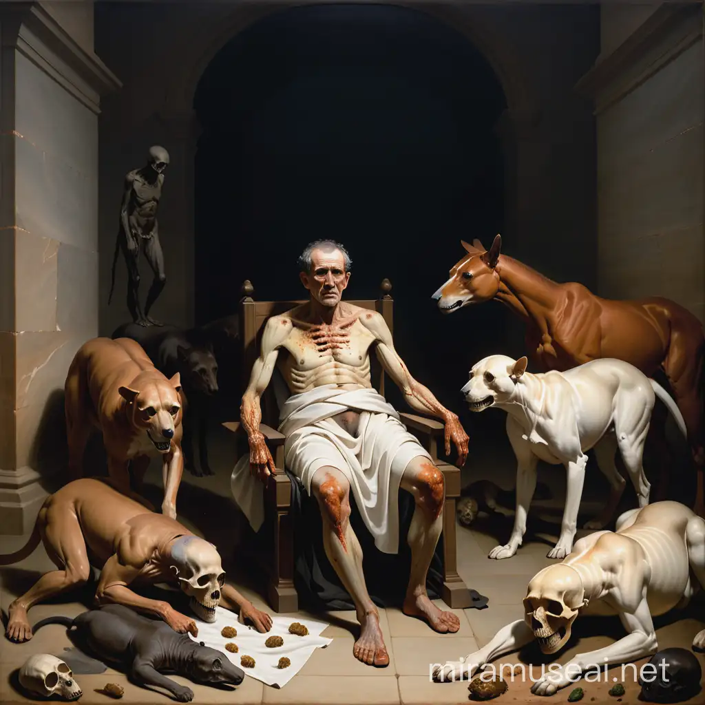 ainting of a full body sorrowfull mummified blind man, surrounded by dead animals, by goya and barlowe and phil hale and michelangelo, ominous, ( ( messy ) )