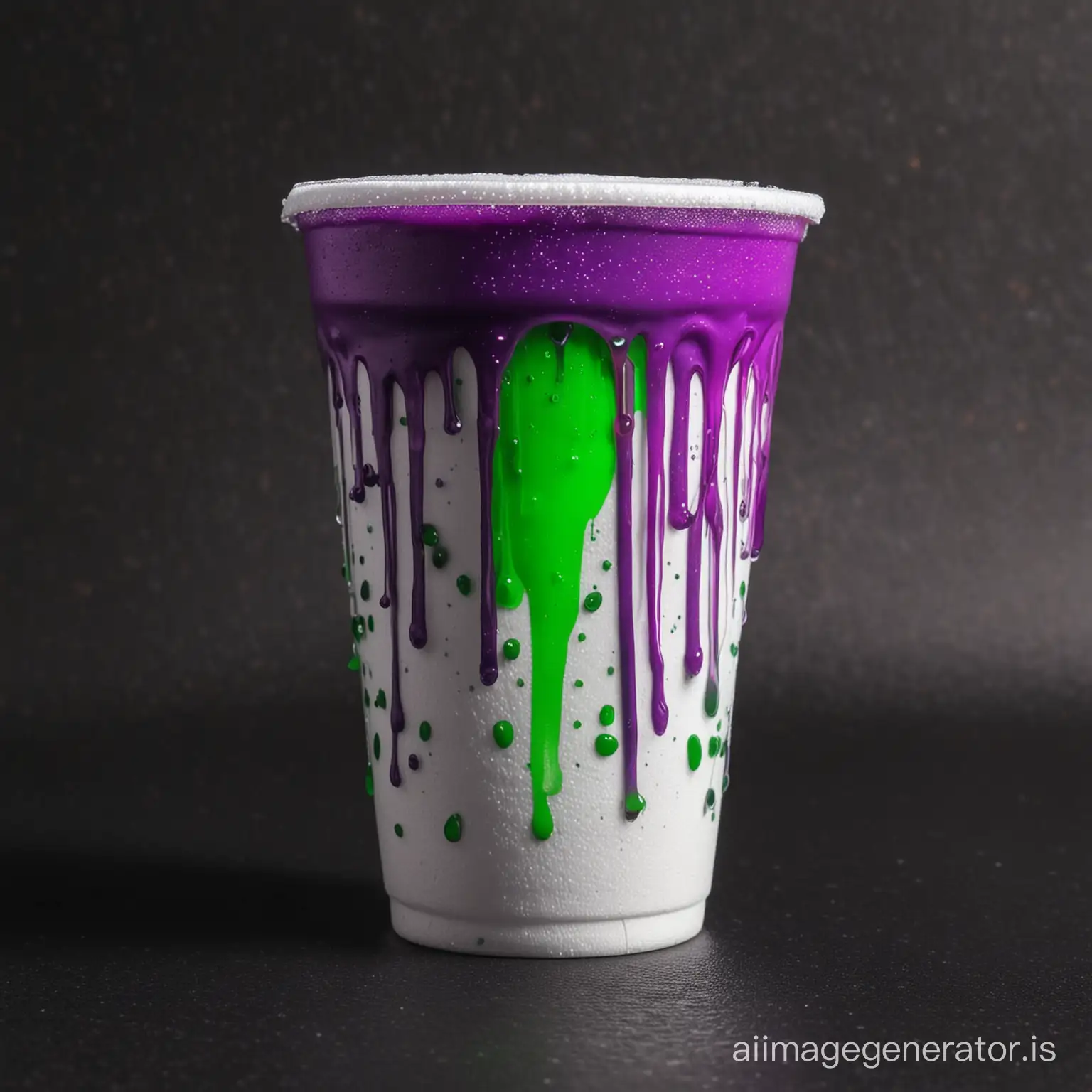 White styrofoam cup, neon green liquid inside, with neon green and purple drops of it - black back ground