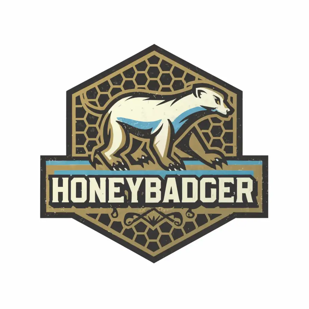 a logo design, with the text 'HoneBadgerCorp', main symbol: A Honeybadger, Hexagon, complex, clear background, The Hexagon is golden