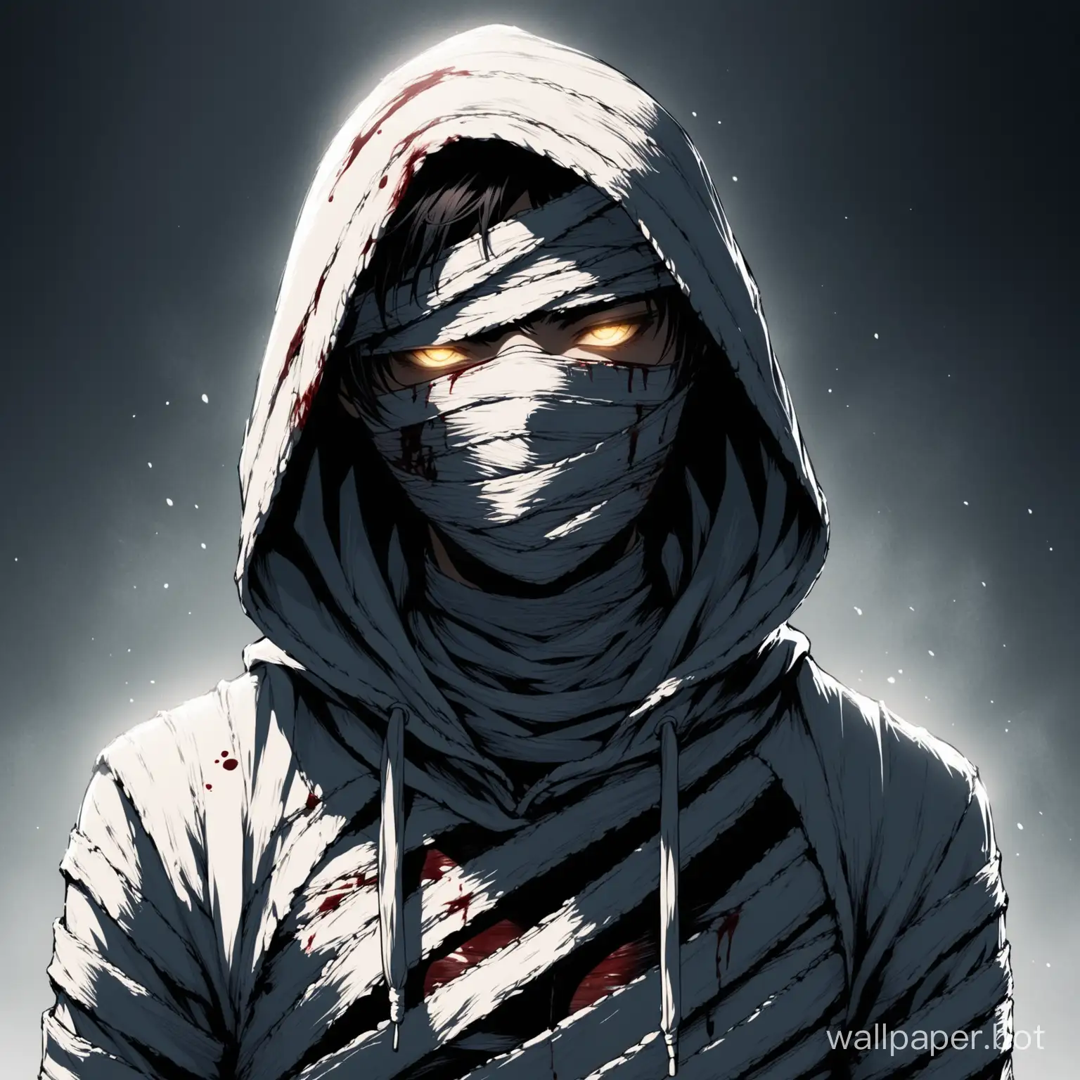 a  hoodie teen only his mouth cover in mask his body have many bandages just like a mummy also the part of his have a blood and fierce aura