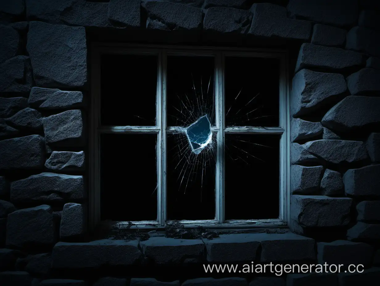 deep night, a stone flies through the window and breaks the glass in the window