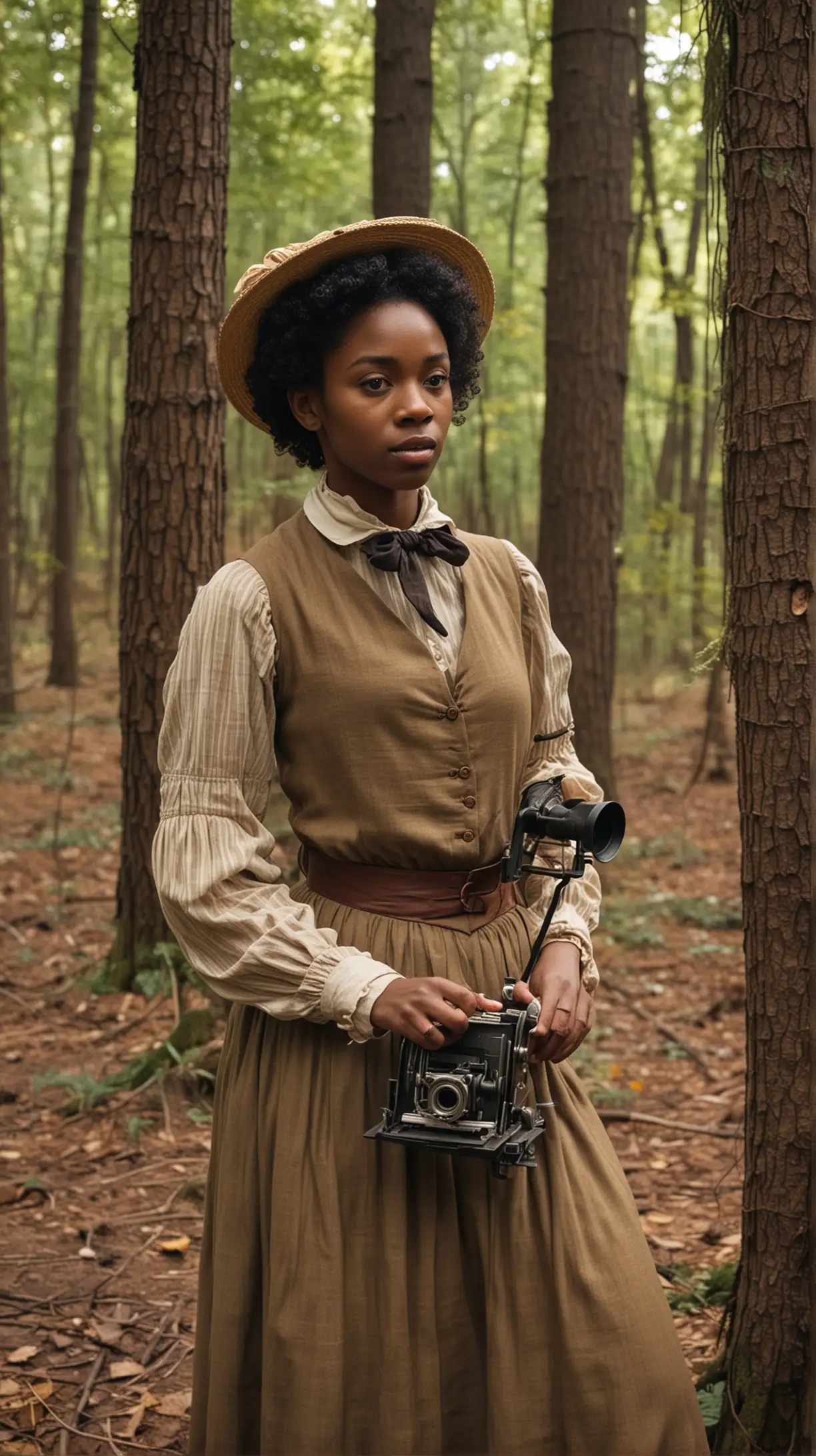 1800s Young black woman film producer in the forest.