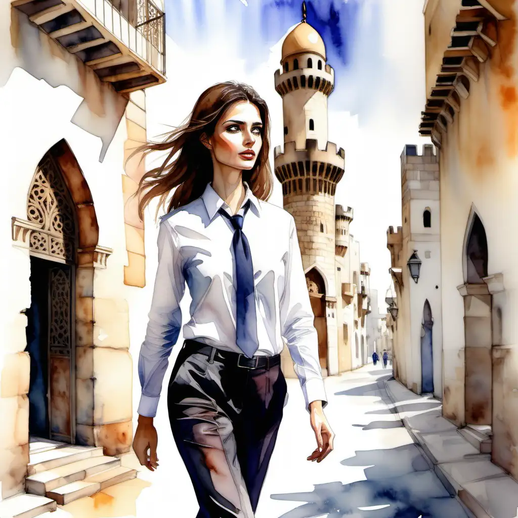 
young woman, airline pilot in white shirt and tie and dark pants, long face, brown hair and eyes, thin lips, thin and tall walking through the streets of castles in an Arab city, watercolor art