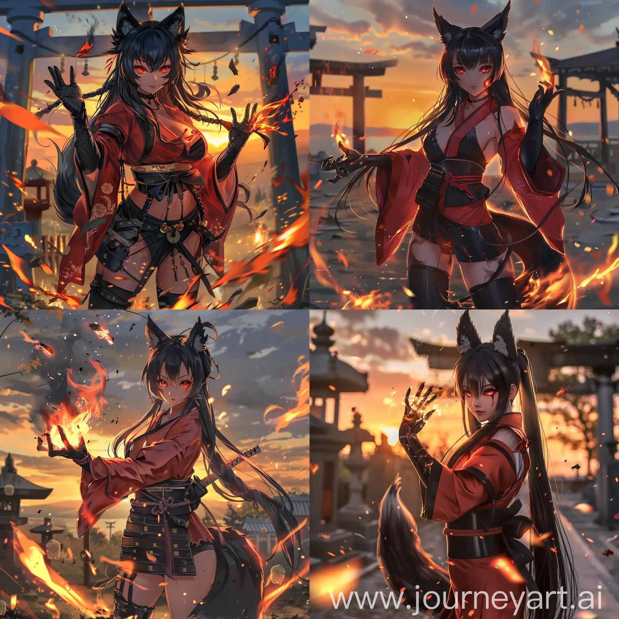 anime-style, full body, athletic, beautiful, tan skin, asian woman, long black hair, black fox ears, black fox tail attached to her waist, fiery red eyes, wearing a red kimono, black hakama, black sash, long black gloves, black leather boots, casting fire magic, hands wrapped in fire,  good anatomy, dynamic, embers falling in foreground, shinto shrine, sunset