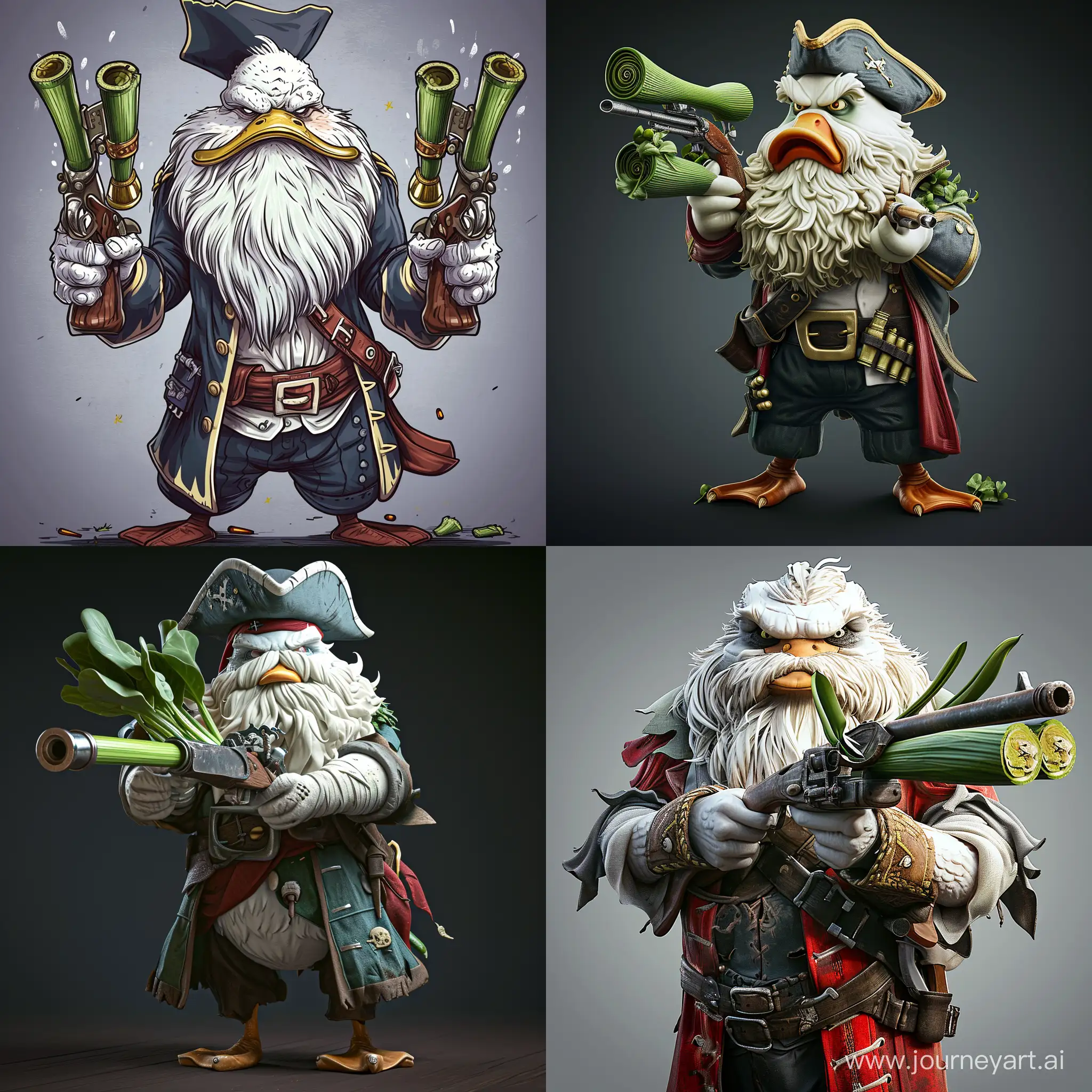 Humanoid white fat duck, wavy beard, severe and feral face, pirate captain clothes, double barrel shotgun in its hands, the shotgun's barrels are leeks, cartoon style