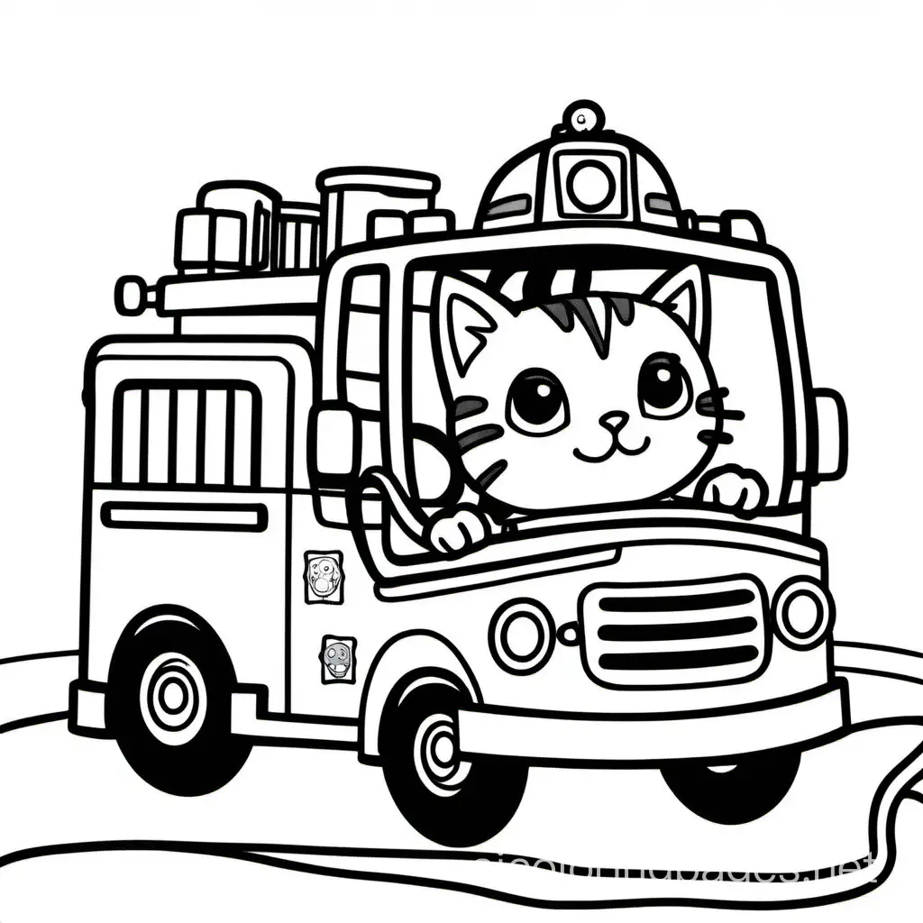 cat driving a firetruck, Coloring Page, black and white, line art, white background, Simplicity, Ample White Space. The background of the coloring page is plain white to make it easy for young children to color within the lines. The outlines of all the subjects are easy to distinguish, making it simple for kids to color without too much difficulty