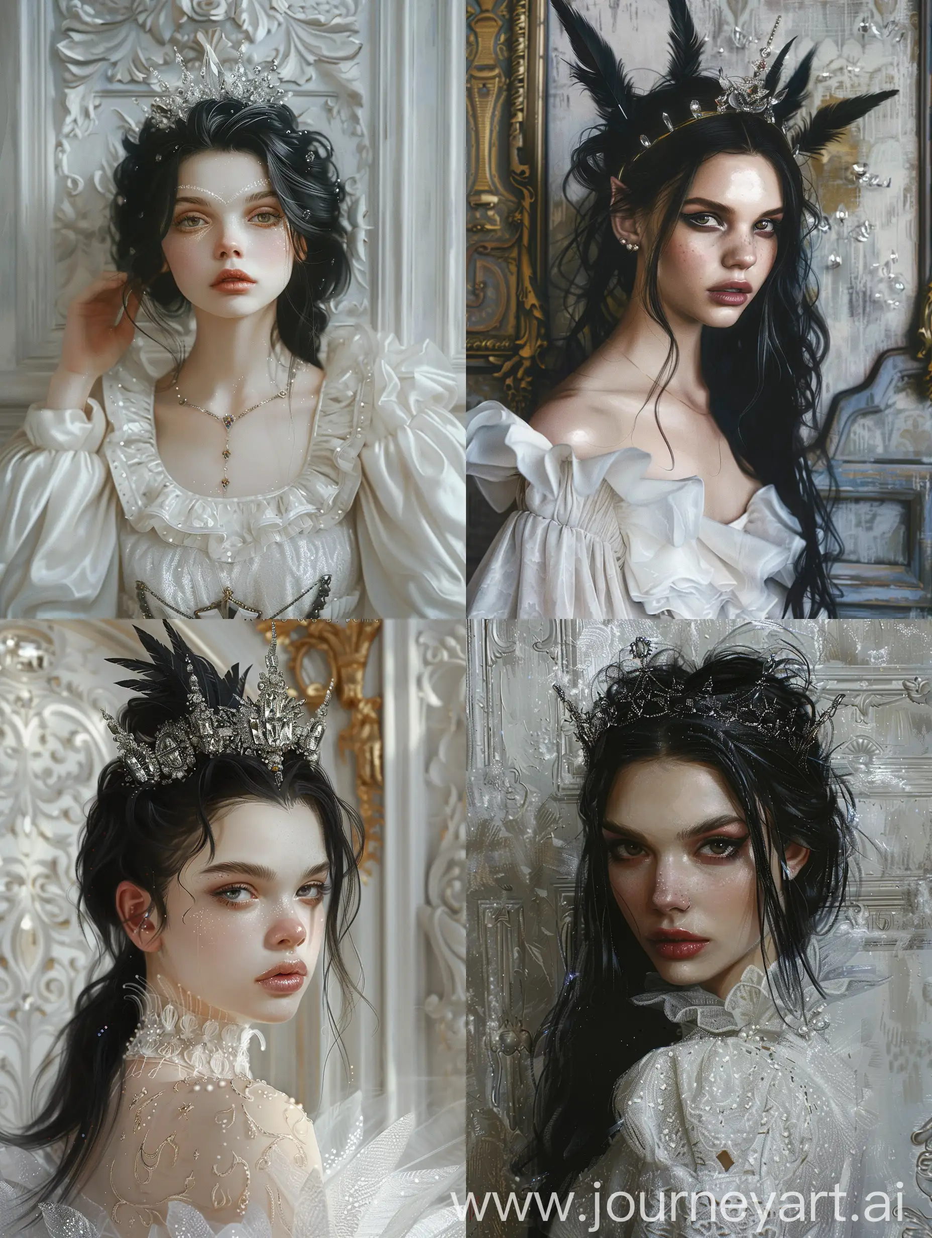 Oil painting with broad strokes, airbrush,white woman with black hair crown on her head, fashion trends in cg community, baroque, with crystals on the walls, beautiful light composition, diamonds, witch woman, glam photo, intense look, glitter and shimmer, 8 k post process, ultra sophisticated, cutie, beautiful photo