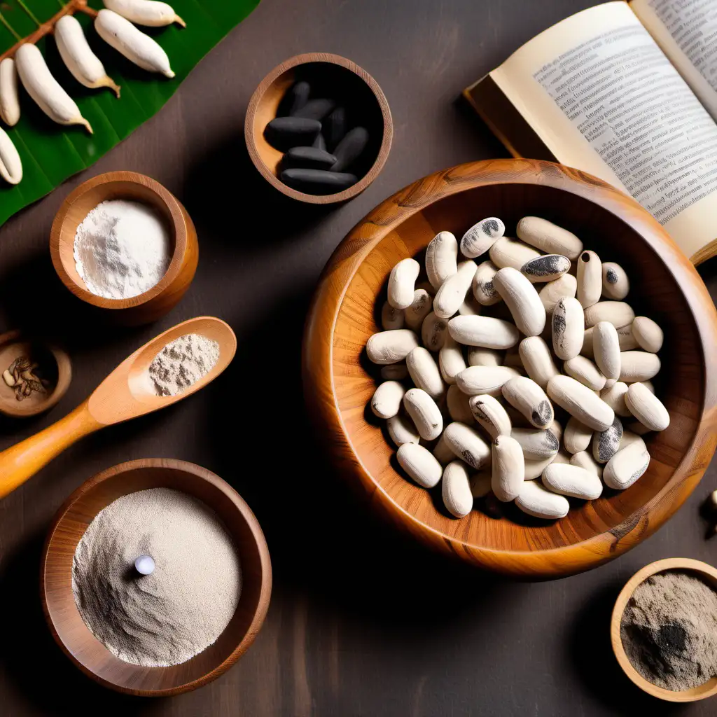 white and black mucuna seeds kept in a wooden bowl in a Ayurvedic setup with its grounded powder in another wooden bowl and a  wooden pestle and mortar next to it and an ancient Ayurvedic book with withered pages

