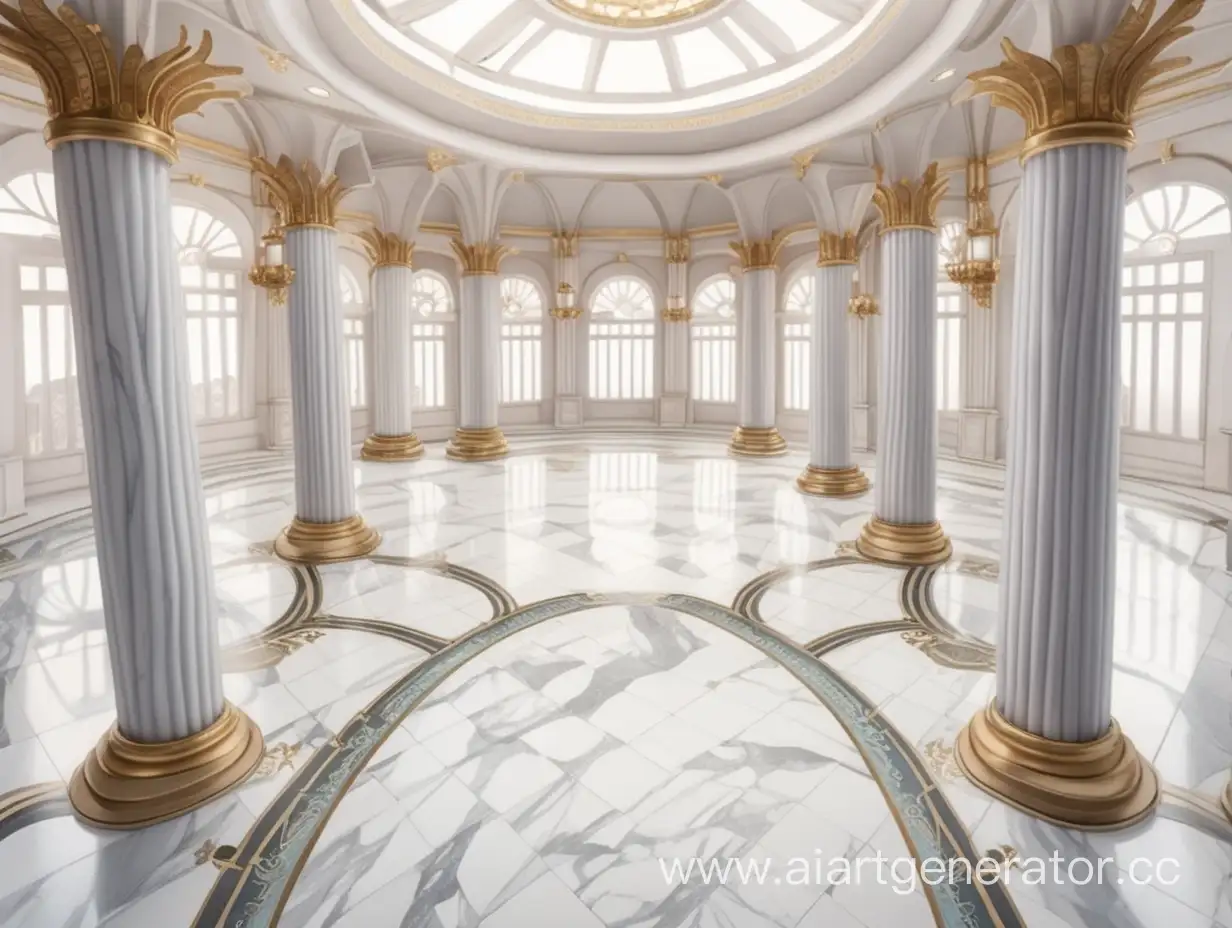 Аниме фентези дворцовый пустой зал с белыми колоннами и полом из мрамора, вид сверху