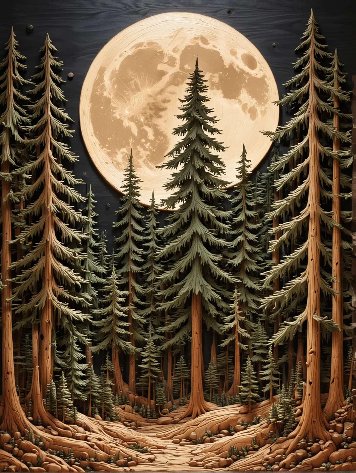 Enchanting Evergreen Trees Carved in Wood Serene 2D Relief Under the Full Moon