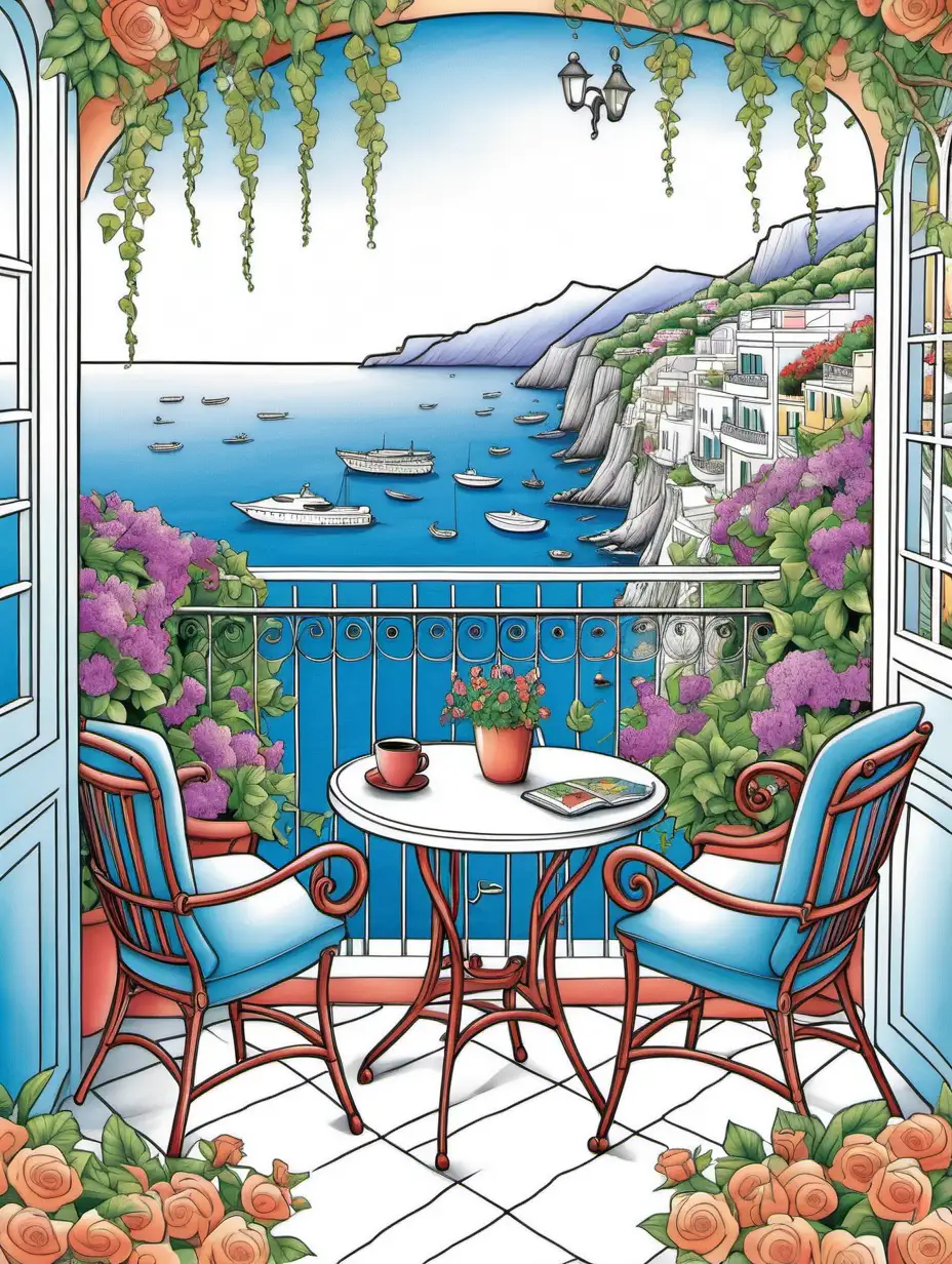 color, romantic ocean view, adult coloring book, two chairs on balcony, Capri, flowering vines, coffee on table thick lines



