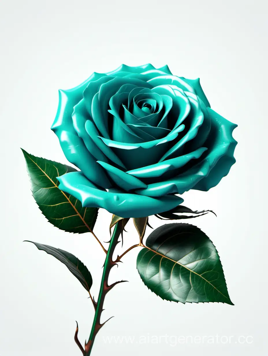 realistic dark Turquoise Rose 8k hd with fresh lush 2 green leave on white background