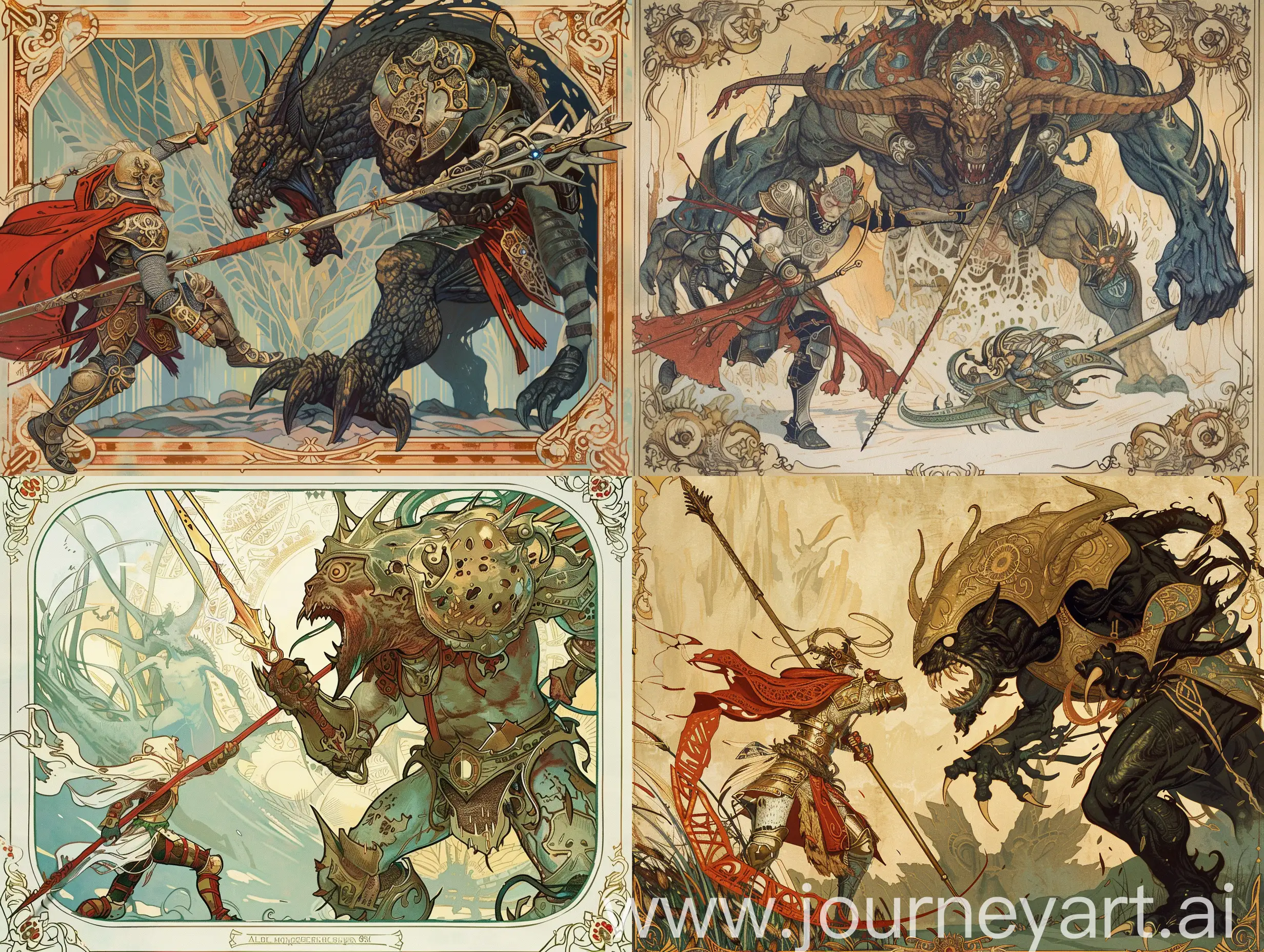 art nouveau style an image of a battle scene of a warrior in armor with a spear, against a two-headed huge scary monster. art nouveau style, Alphonse mucha style. high-quality anatomy. high detalisation. the absence of failures. fight 8k.