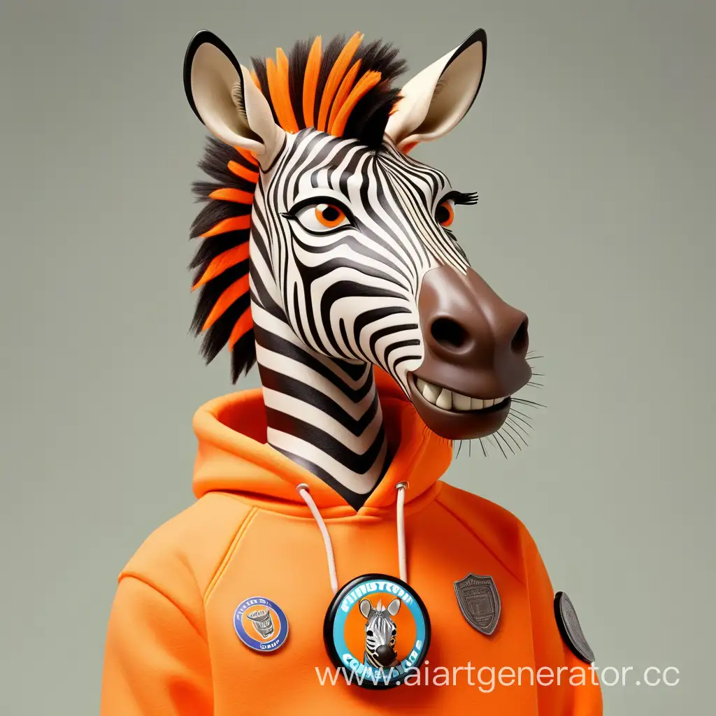 Человек в голове зебры в оранжевом спортивной кофте 
с левой стороны со значком