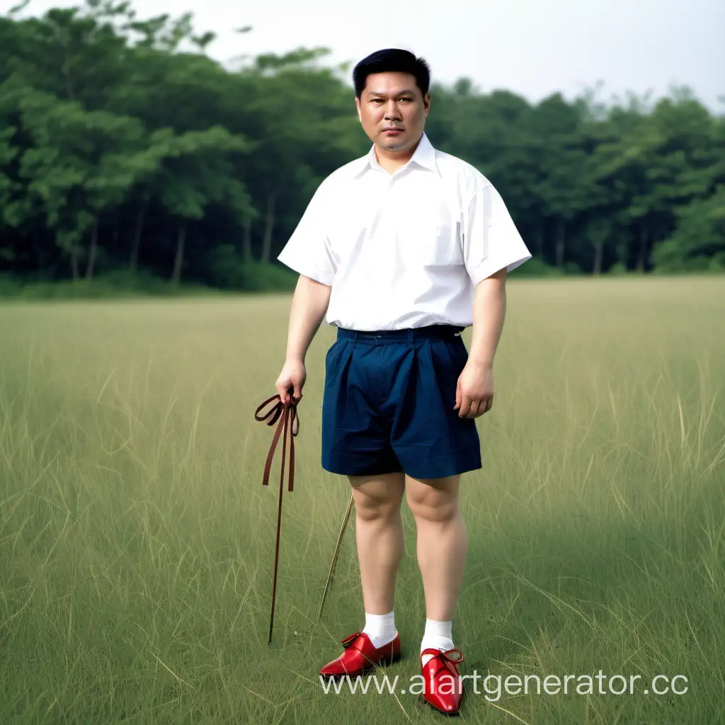 an Asian man with a bow standing in the grass dressing in white shirt, dark blue shorts and red shoes