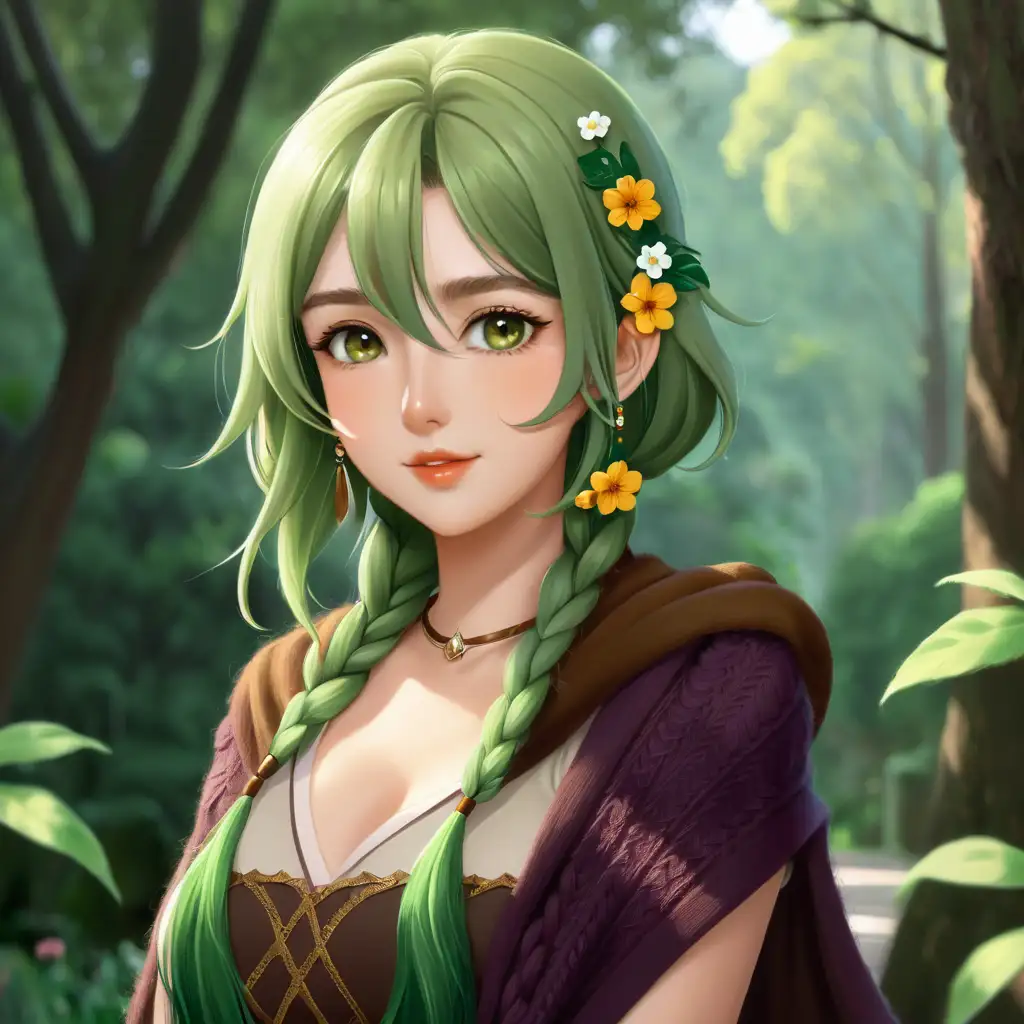 This girl but with shoulder length wavy green hair, realistic, wearing knitted brown shawl with flowers on it