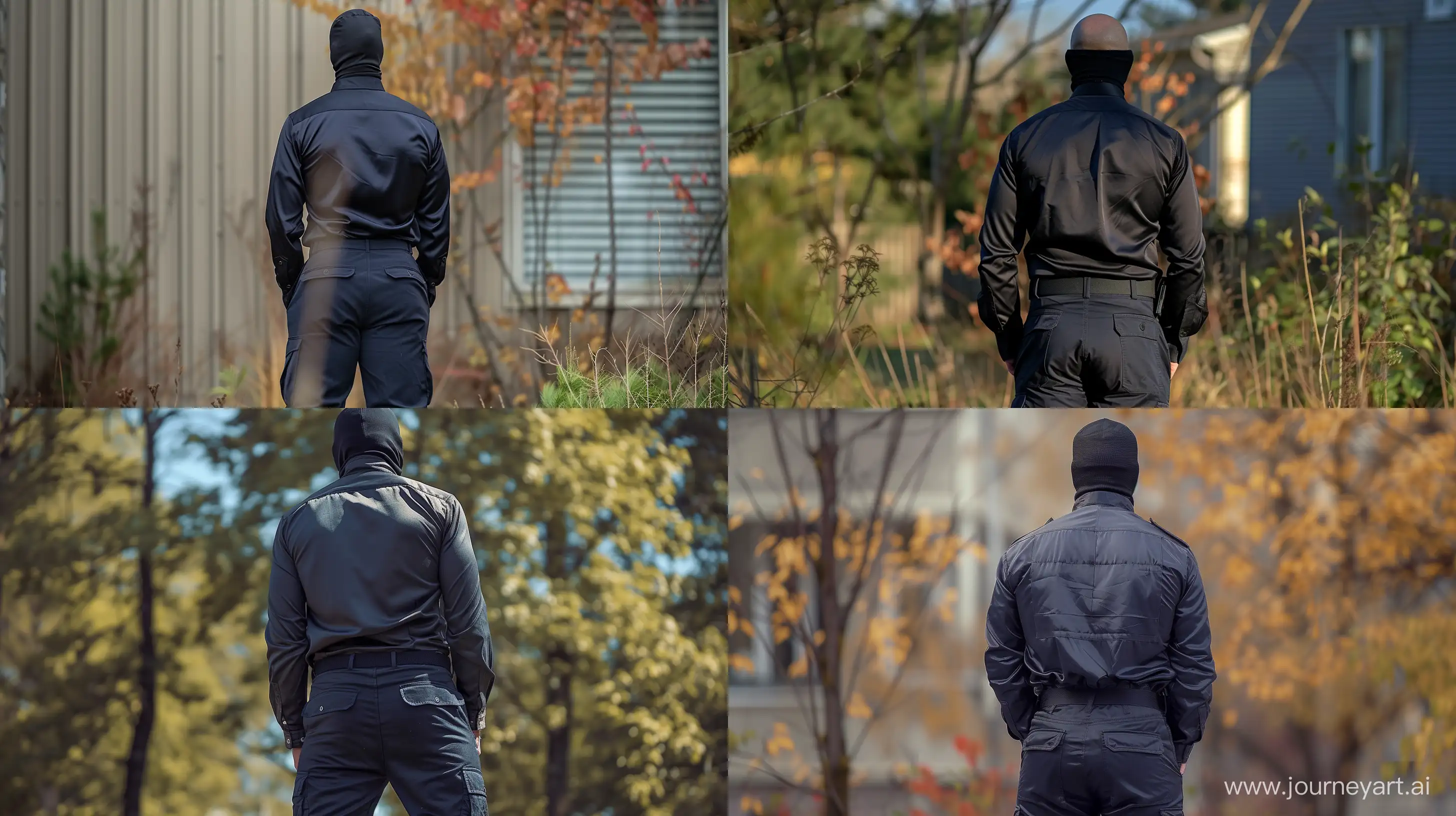 back view photo of a man aged 60 wearing glossy navy tactical pants, silk tactical shirt, silk smooth black balaclava. Standing Outside. --style raw --ar 16:9
