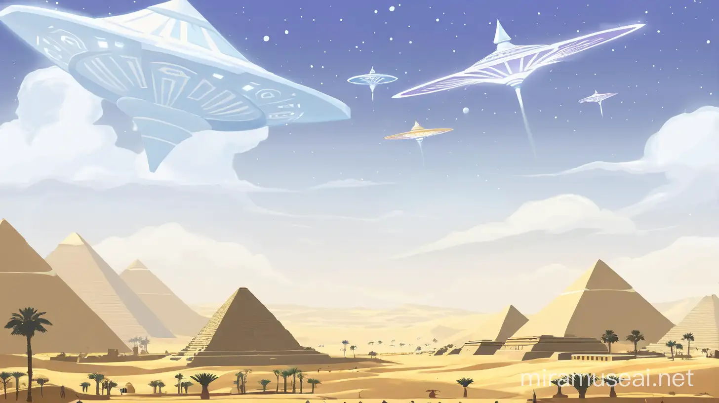 create a landscape of ancient egyptian which is occupied by alien spaceships, use video game design, digital painting, 



