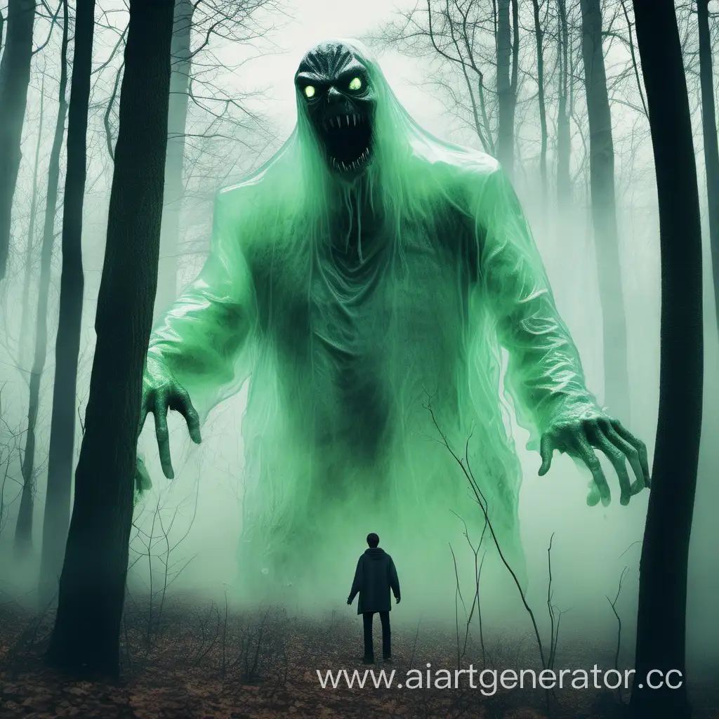 Mystical-Encounter-Young-Man-in-Old-Slavic-Attire-Confronts-Enigmatic-Forest-Slime