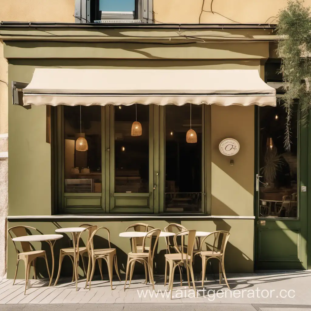 вид с улицы кафе с окнами в оливково-бежевых цветах летом 