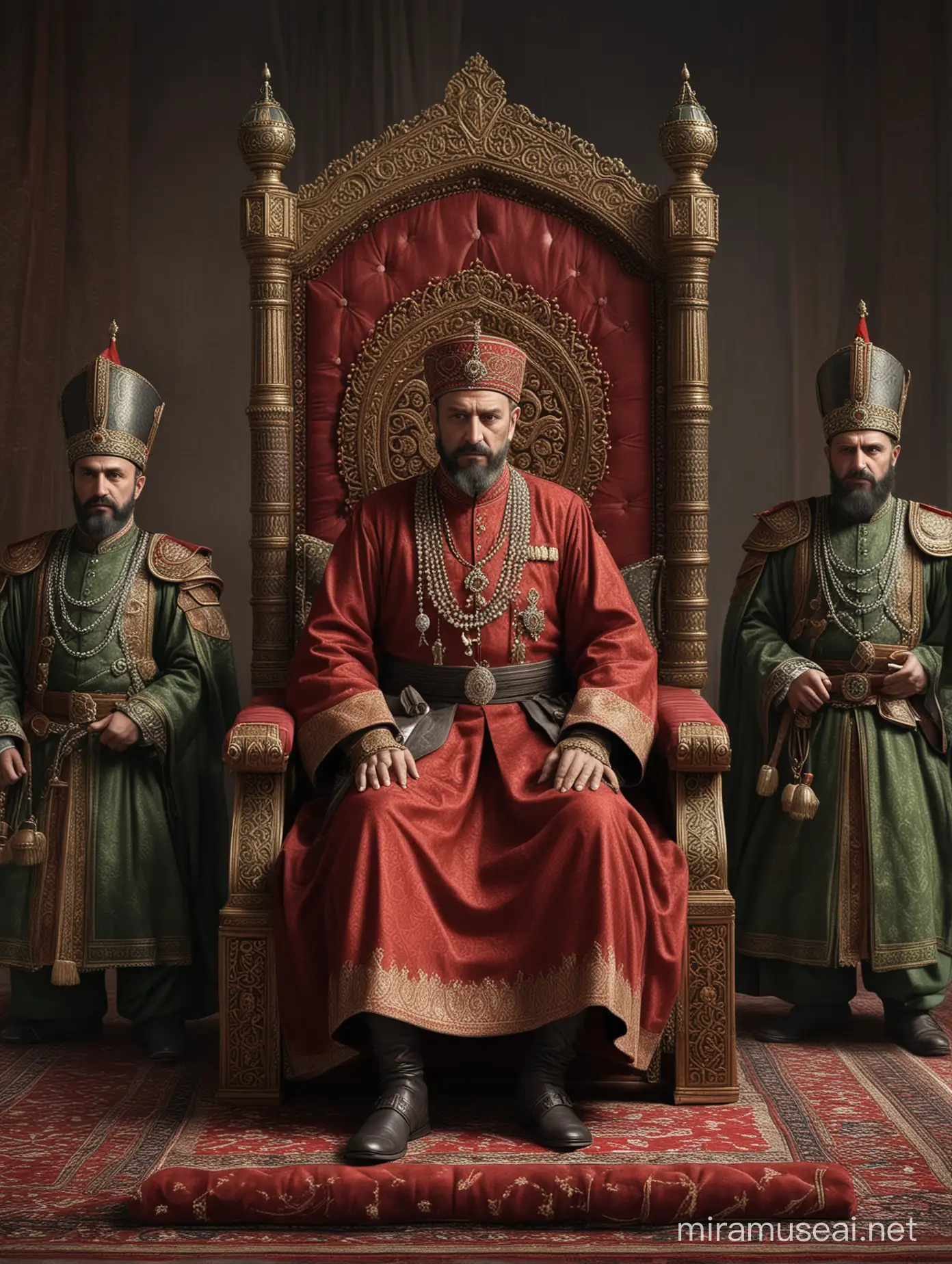 Generate an image of the Ottoman  Sultan Mehmed IV sitting in his throne. His guards are next to him for protection. Hyper realistic