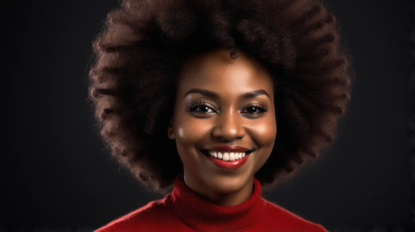 Smiling Black Woman in Prayer with Wooly Afro in Red Dress