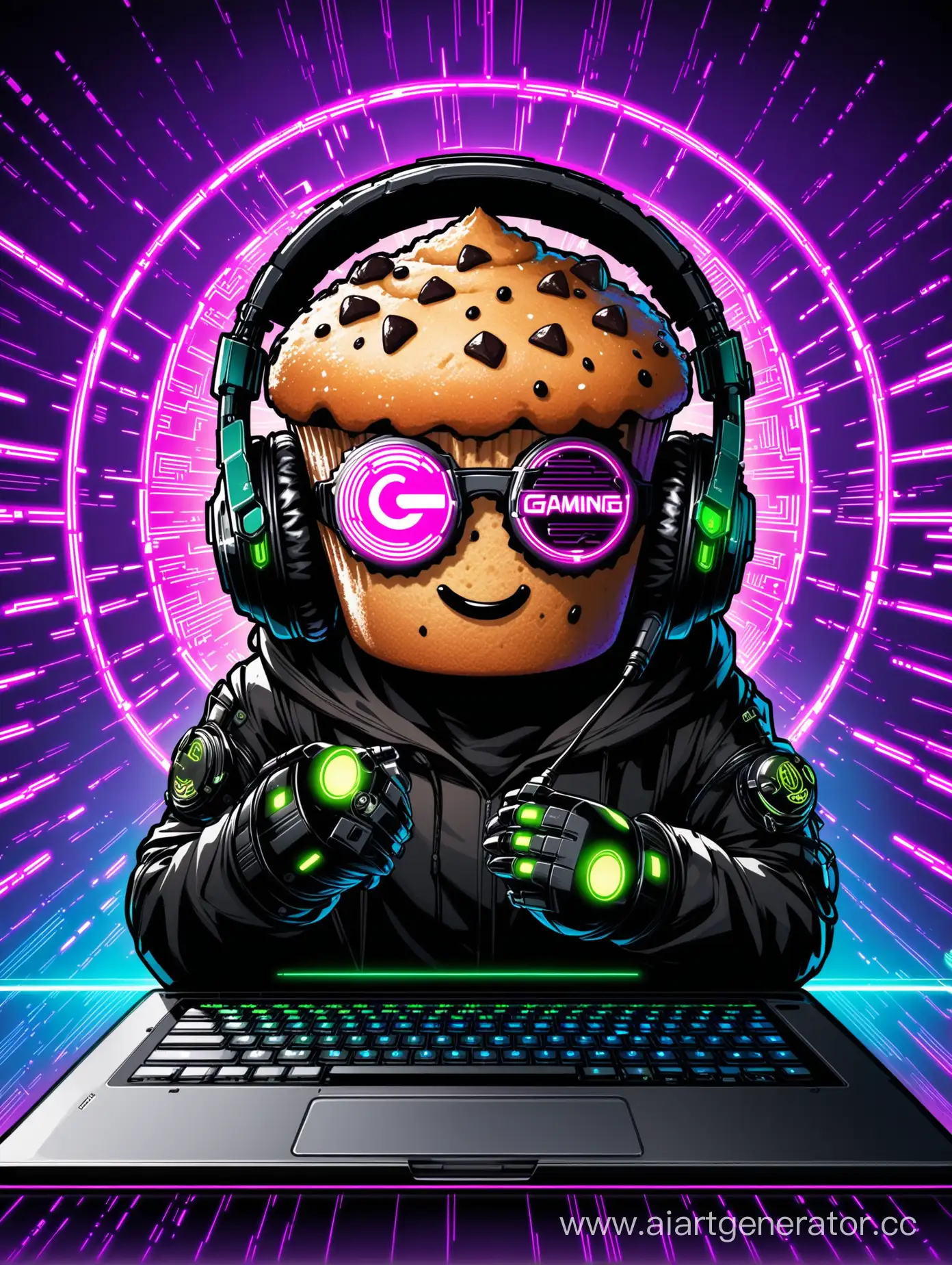  кекс с лицом в стиле киберпанка в черных очках и игровых наушниках с микрофоном на фоне ноутбука игрового логотип