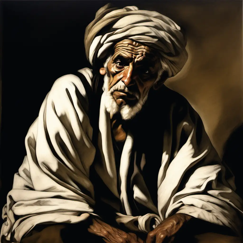 one Berber Old Man, sitting, his head men wears wrapped cloth turban , painted in the style of Caravaggio