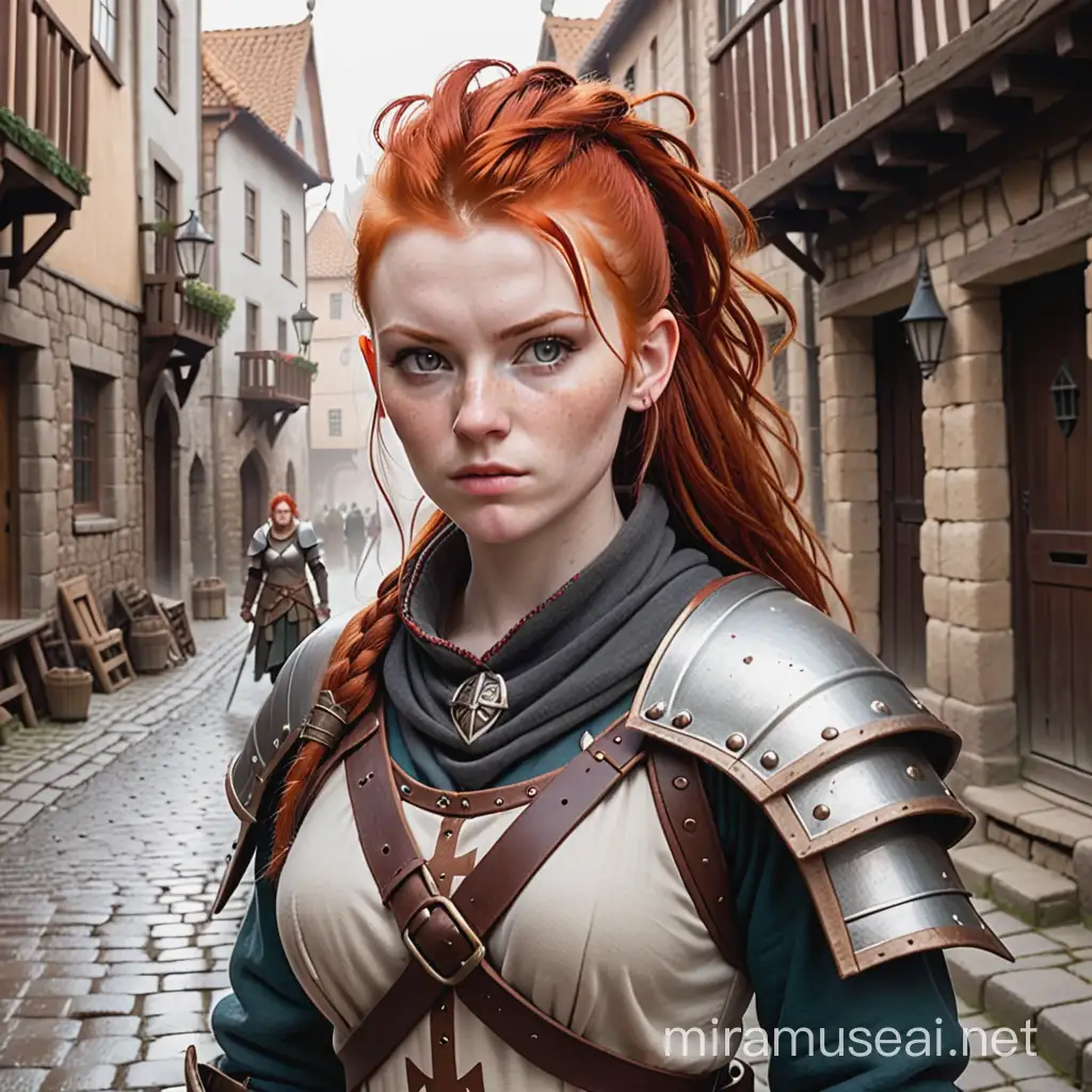 redheaded woman with mohawk, silver eyes, pale freckled skin, wearing battered Norse clothing, wielding a warhammer, standing on a cobbled street in a battered medieval town