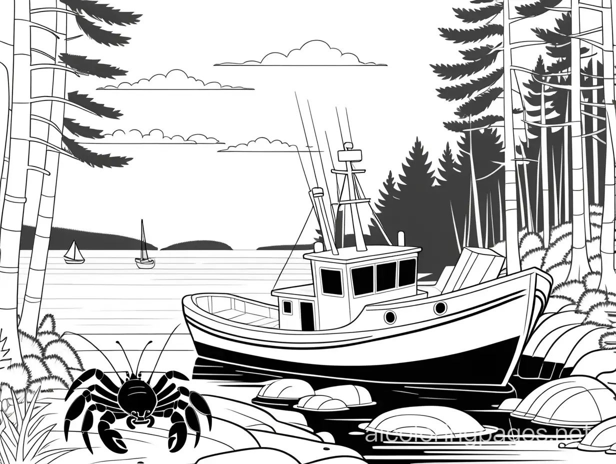 Maine-Seaside-Coloring-Page-Pine-Forest-High-Tide-and-Lobster-Boat-Adventure
