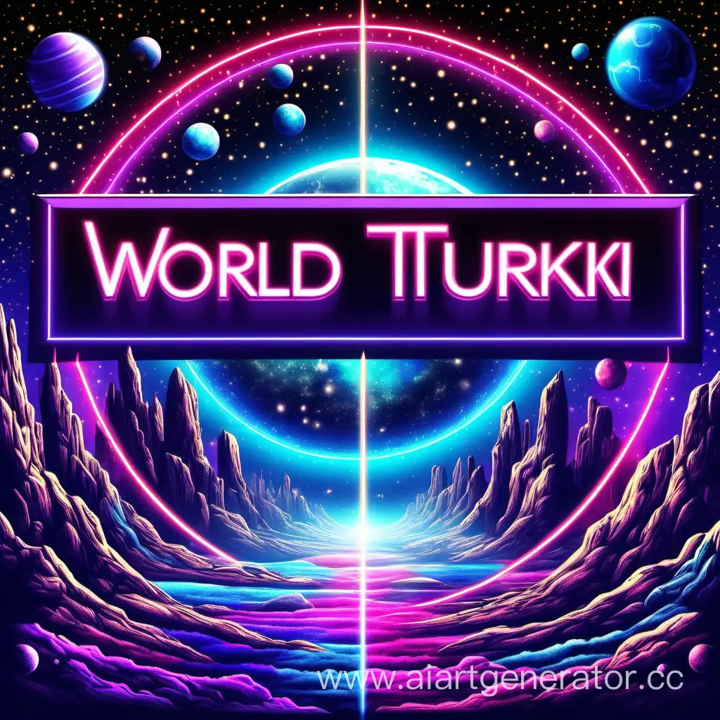 The inscription WorldTuriki on a beautiful background with neon cosmic elements